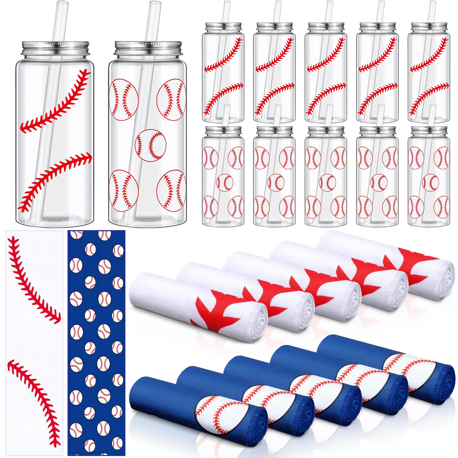 SmoothNovelty 24 Pcs Baseball Party Gift Set Include 12 Baseball Cooling Towels 12 Plastic Cups Bulk with Lid Straw 14.2 Oz for 