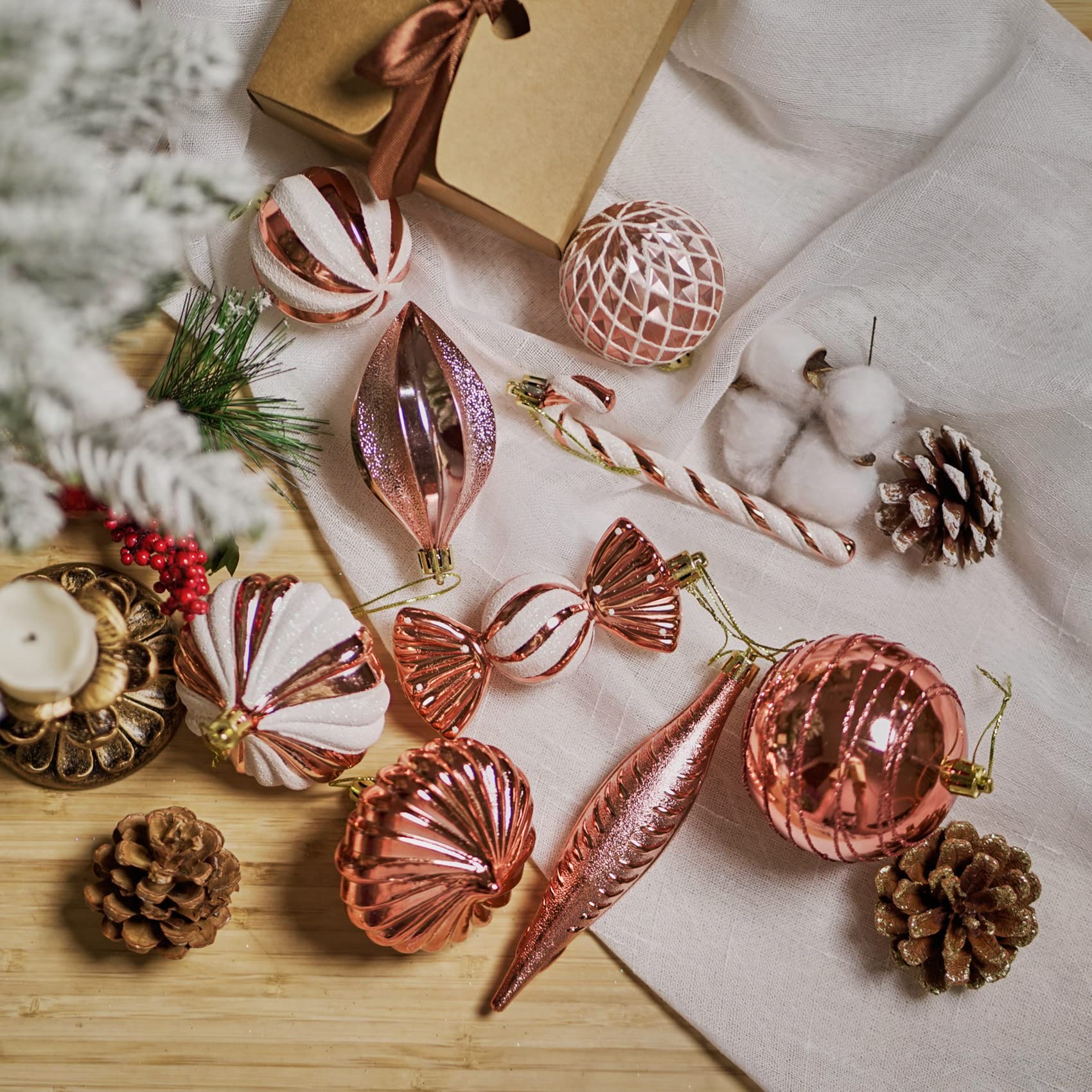 Christmas Ball Ornaments Shatterproof Plastic Tree Ornaments 24 PCS Shaped Styles Xmas Tree Holiday Decor,Rose Gold