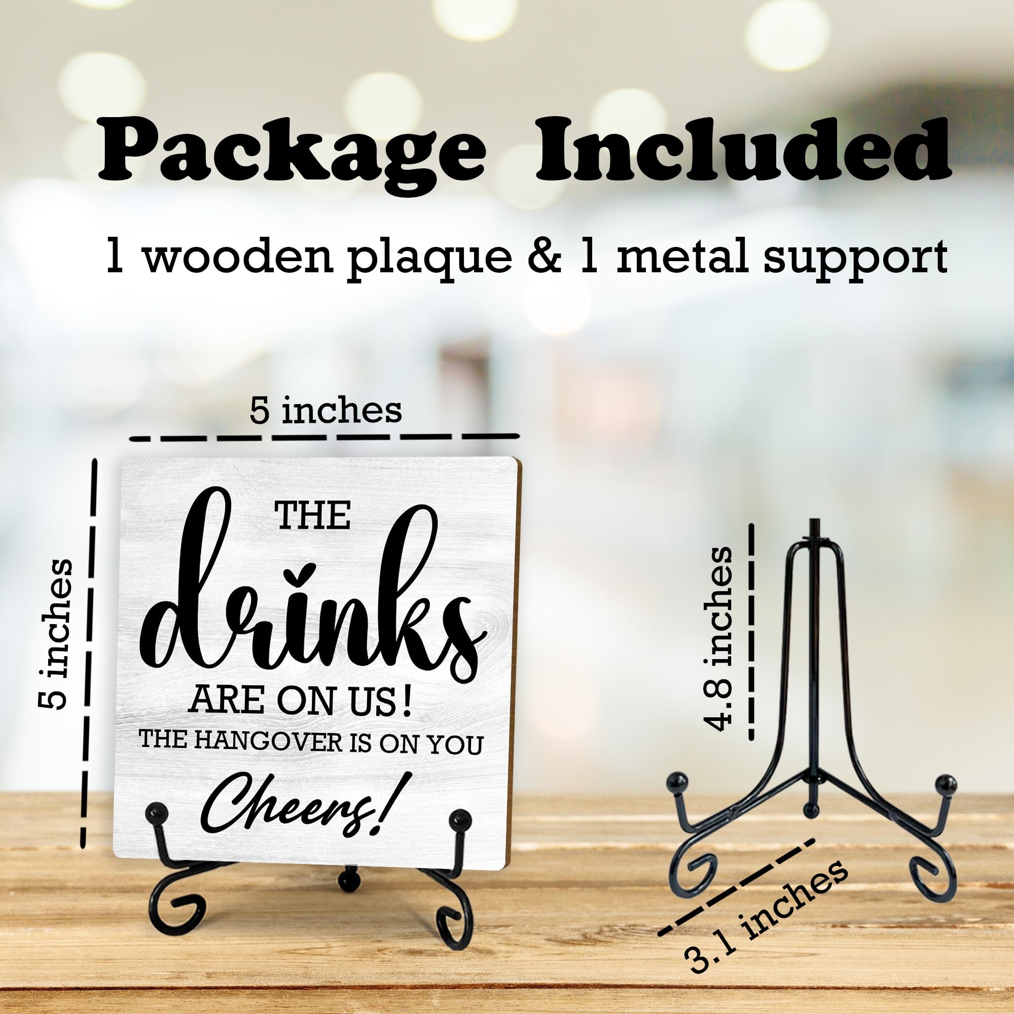 5 Inches Bar Decor, The Drinks Are On Us! Cheers! Desk Table Decoration, Wood Plaque with Stand for Home Bar decorations for hom