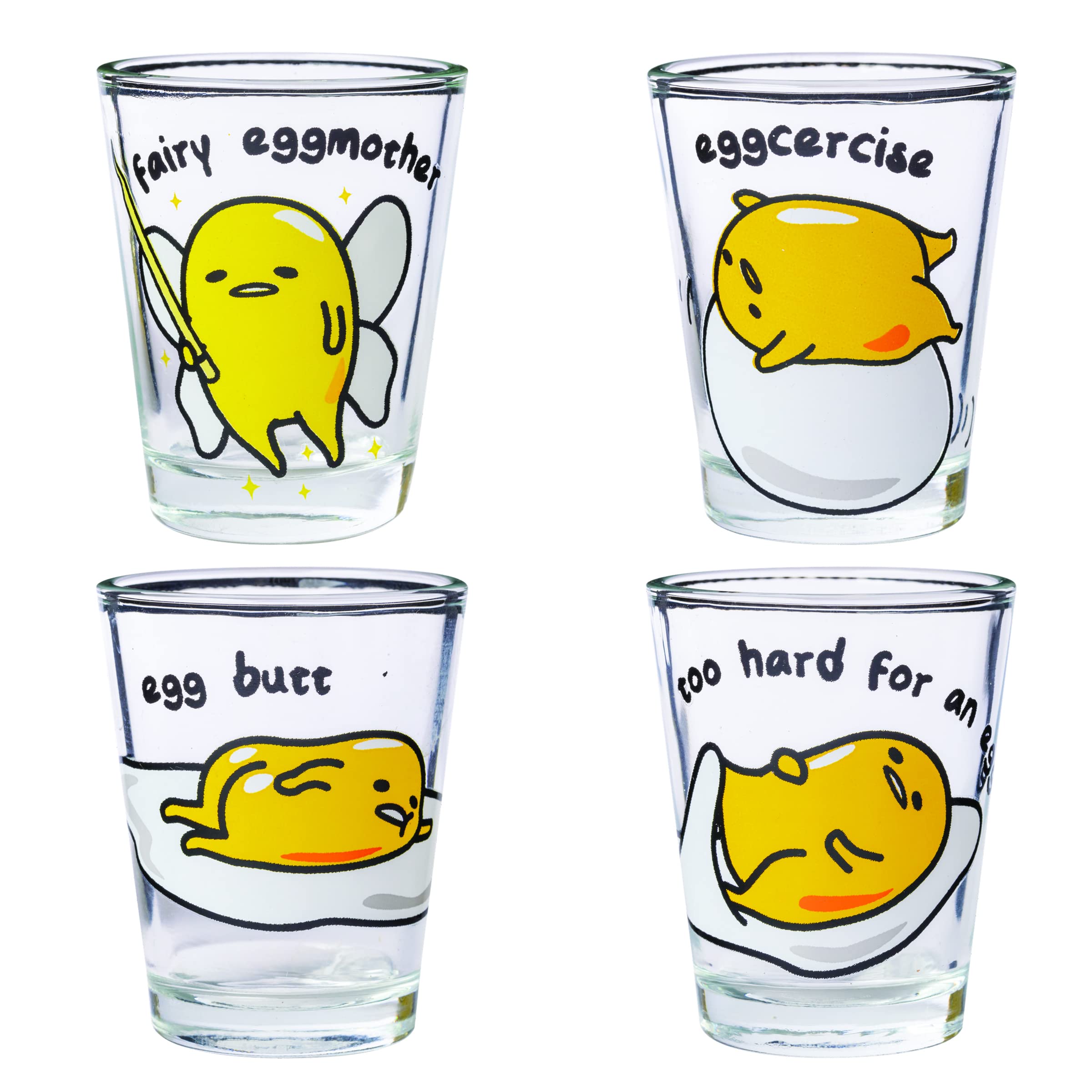 Silver Buffalo Sanrio Hello Kitty And Friends Gudetama Lazy Egg Poses 4 Pack Mini Glass Set, 1.5 Ounces