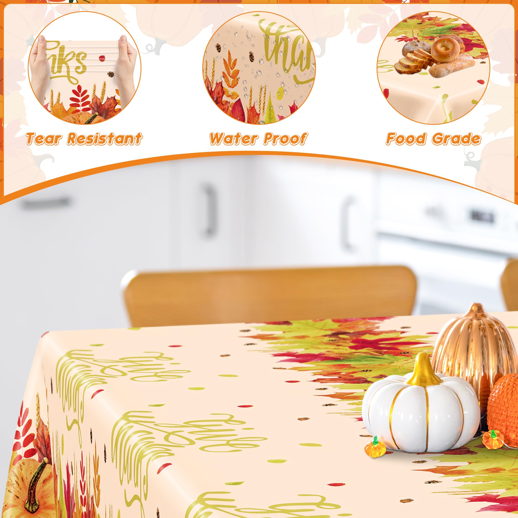 QZYL 4 Pack Thanksgiving Tablecloths, 54 x 108 Fall Plastic Tablecloth, Rectangle Maple Leaves Pumpkin Disposable Table Cloths T
