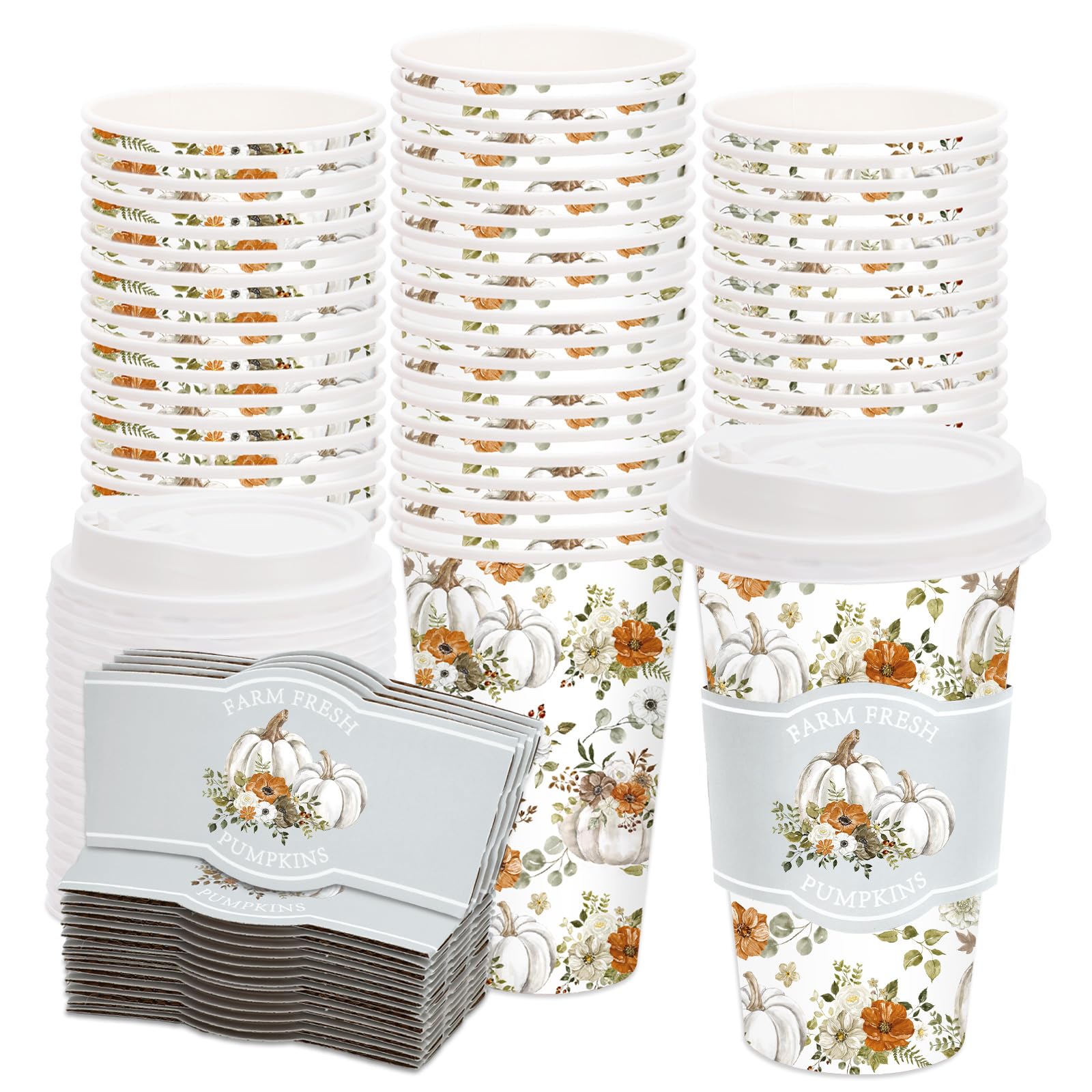 JarThenaAMCS 50Pcs Fall Coffee Cups with Lids Sleeves, 16 Oz Floral Pumpkin
