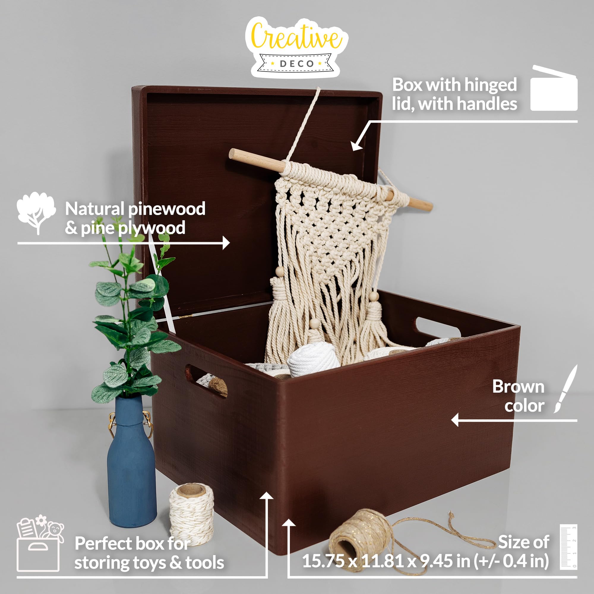 Creative Deco Large Brown Wooden Box Storage with Hinged Lid | 15.8 x 11.8 x 9.44 inches (+-0.5) | Gift Box Storage Document | W