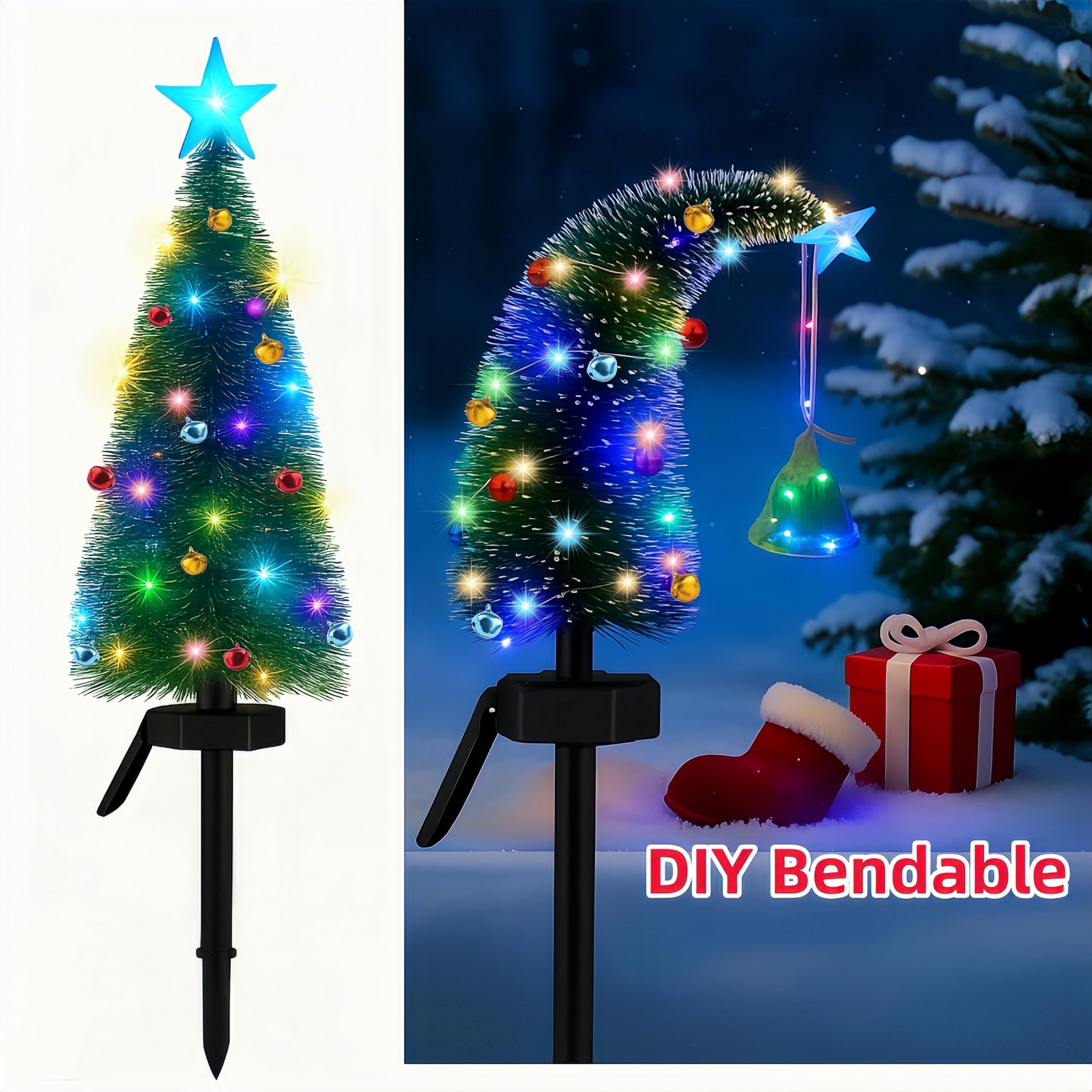 Solar Christmas Tree Outdoor Christmas Decorations, Solar Xmas Tree Lights with 24 Mini Bells & 1 DIY Big Bell,Waterproof Solar