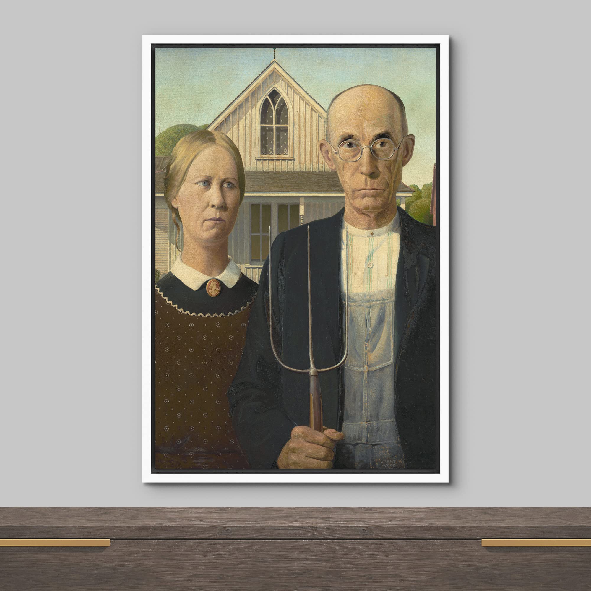 Wall26 American Gothic By Grant Wood Giclee Framed Canvas Prints Wrapped Gallery Wall Art | Stretched And Framed Ready To Hang -
