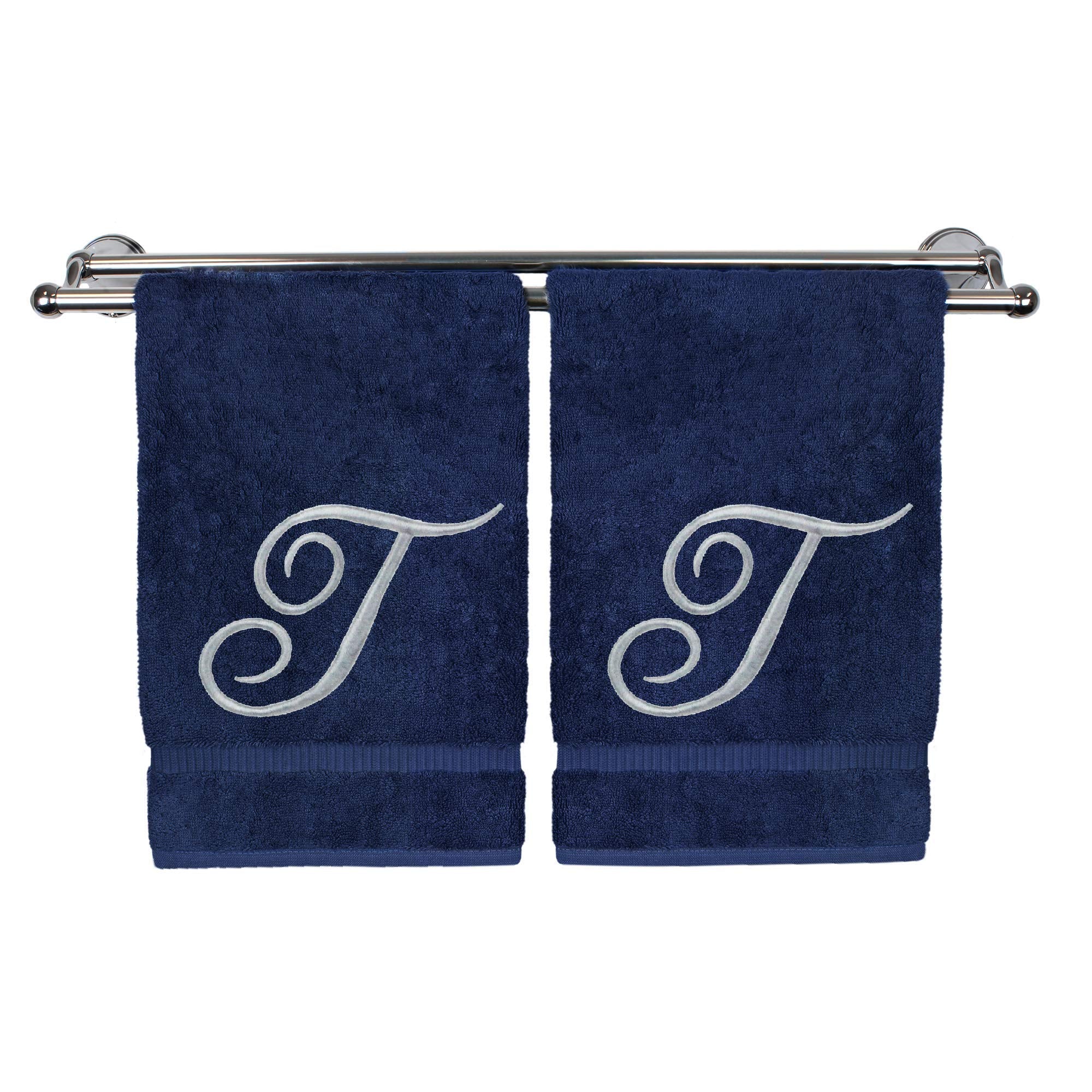 Monogrammed Hand Towel, Personalized Gift, 16 X 30 Inches - Set Of 2 - Silver Embroidered Towel - Extra Absorbent 100% Turkish C