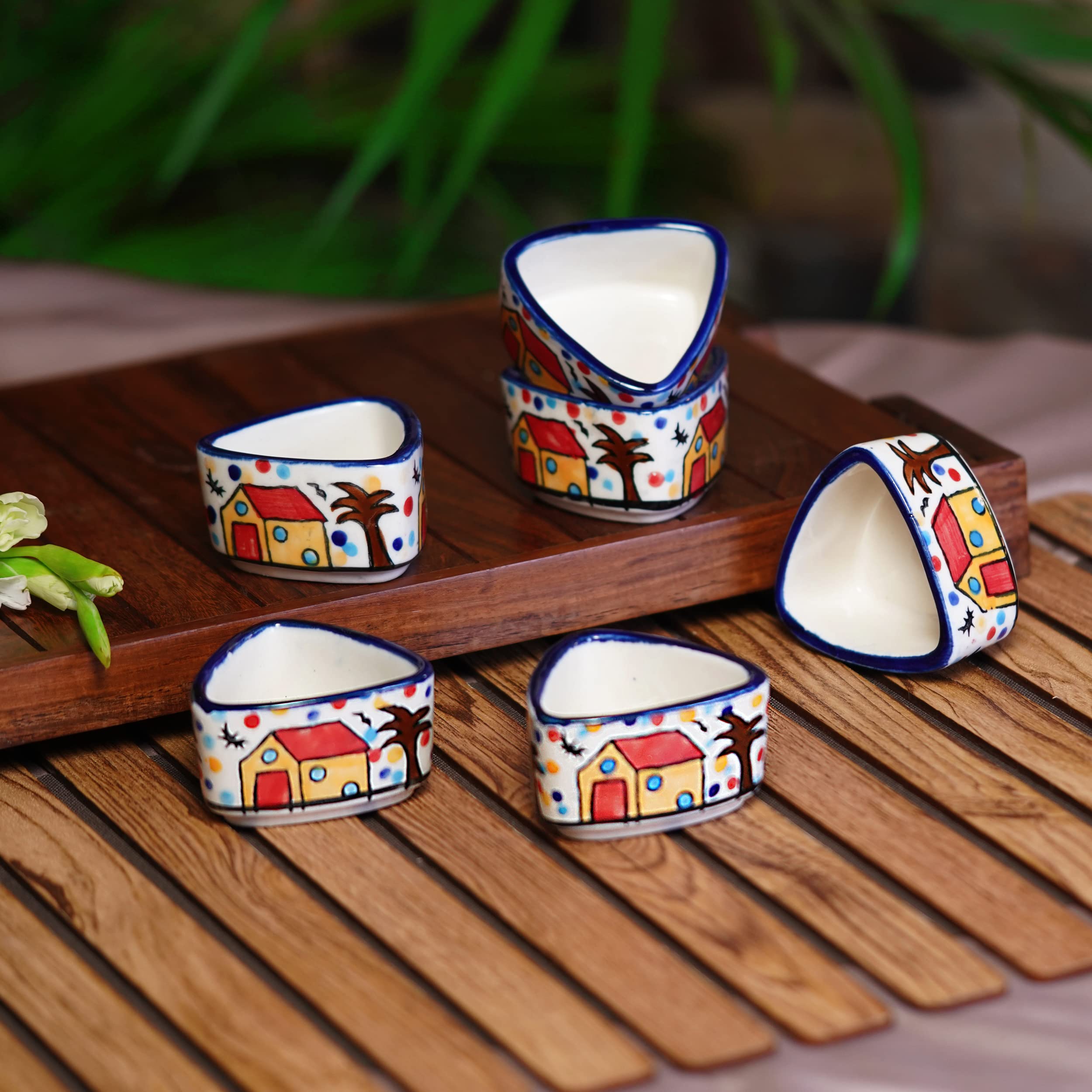 Freakway Handpainted 6 Dips Of Hut Ceramic Dip Bowl/Chutney Bowl/Pickle Bowl/Sauce Serving Bowl Set (50 Ml, Small, 6-Pieces, Mul
