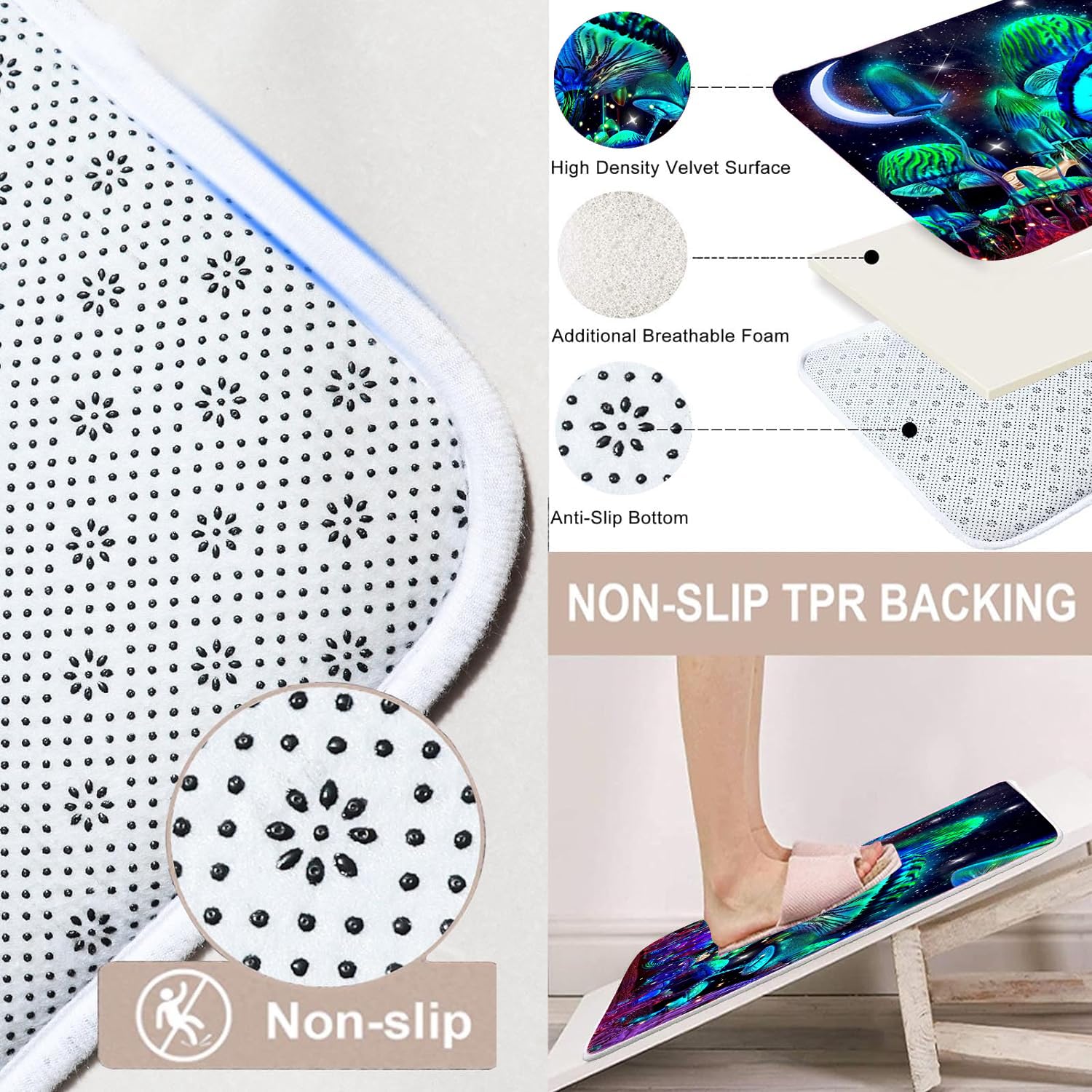Jieprom 4Pcs Mushroom Bathroom Shower Curtain Set With Rugs, Toilet Lid Cover And Bath Mat, Moon And Stars With 12 Hooks, Durabl