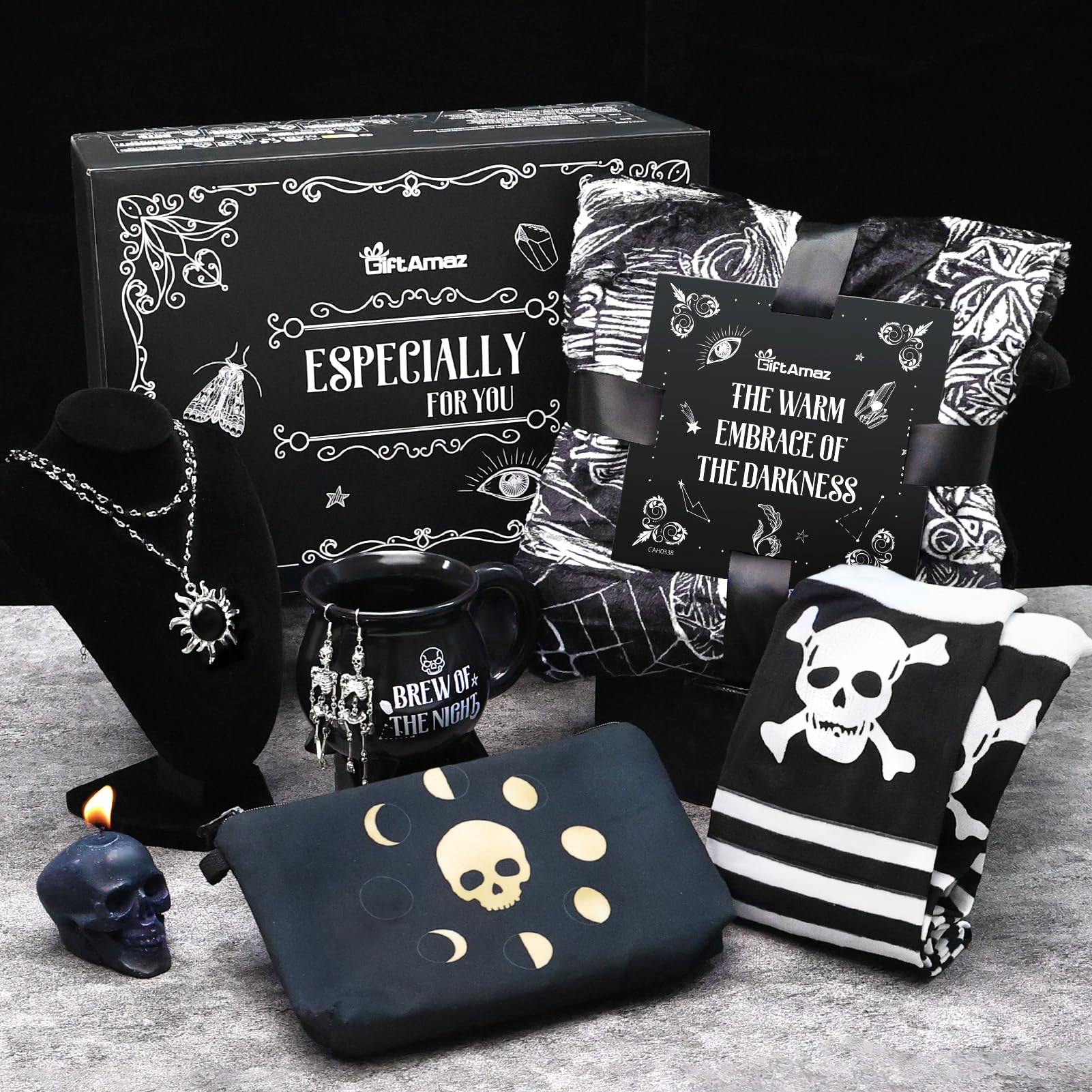 GiftAmaz Gothic Gifts for Women, Halloween Decor Goth Theme Box with Gothic Coffee Mug, Goth Skull Candle, Gothic Skull Earrings
