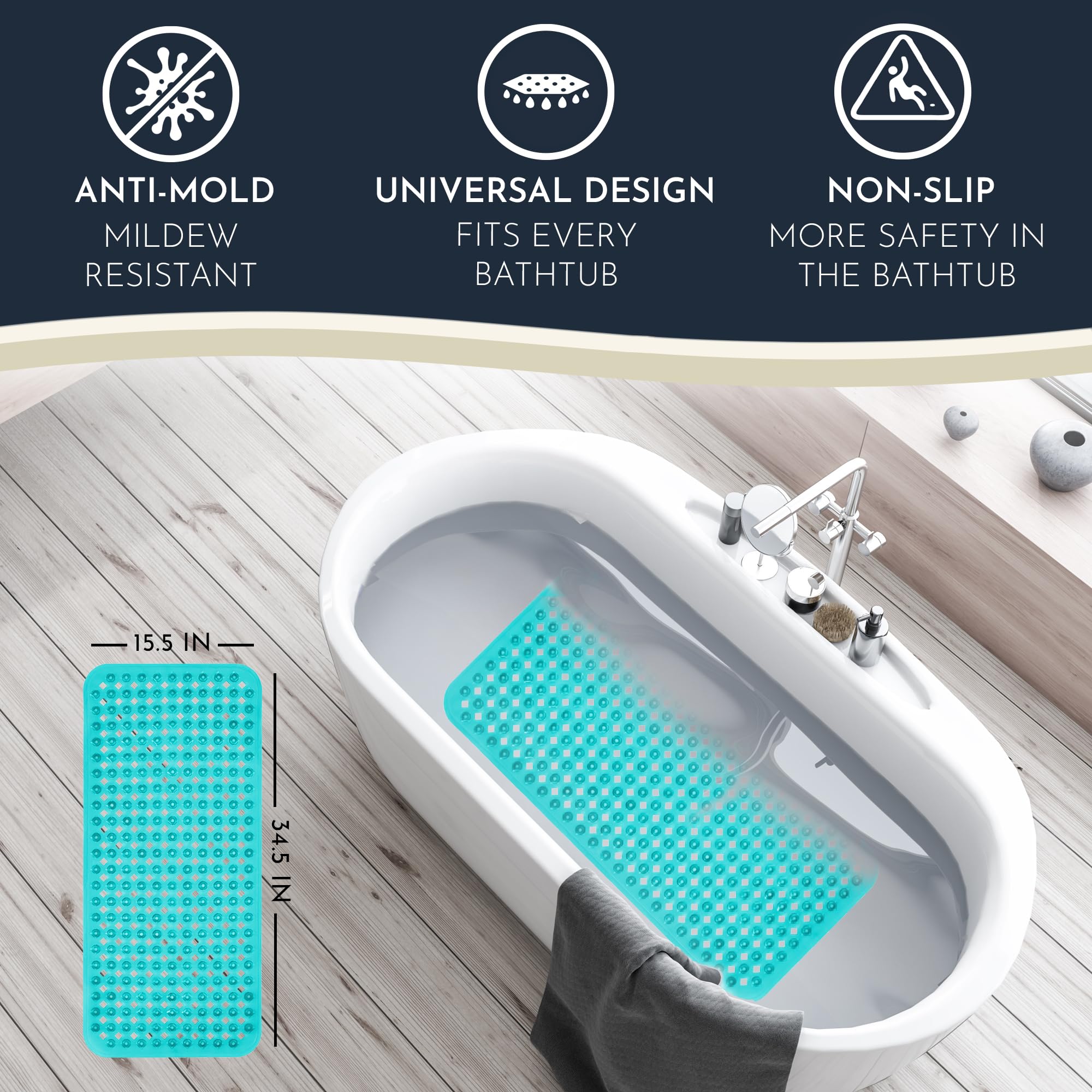 Homerella® Non-Slip Bath Mat for Tub, Mold Resistant, 35x16", Clear Turquoise, Vinyl, Model BM