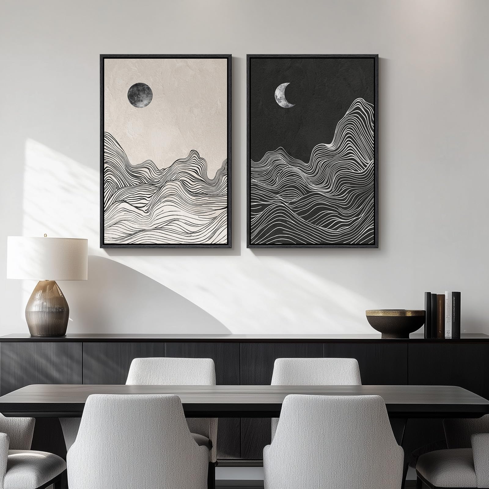 Framed Black And White Abstract Wall Art, Set Of 2 Modern Canvas Prints Paintings Artwork For Walls, Abstract Mountain And Moon 