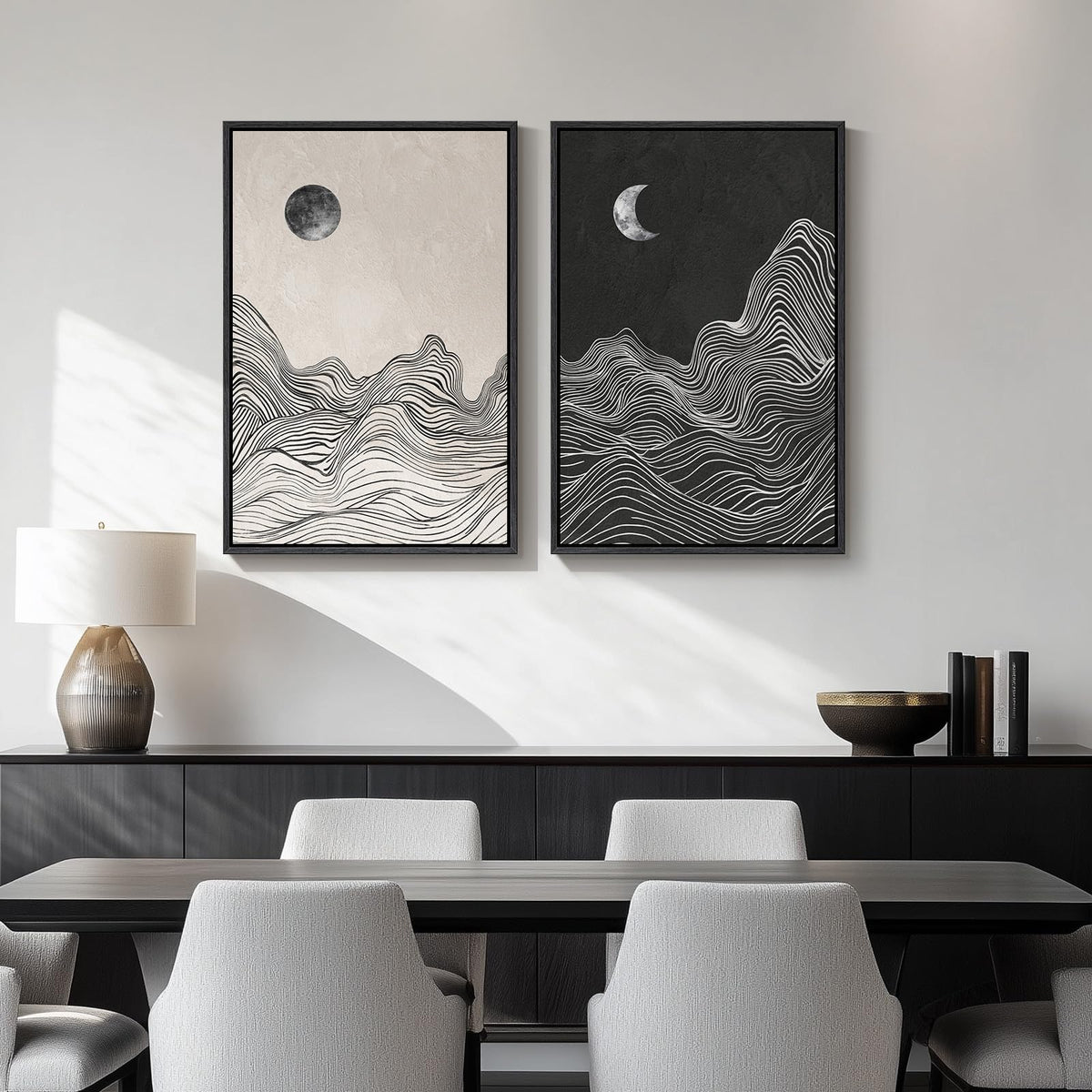 Framed Black And White Abstract Wall Art, Set Of 2 Modern Canvas Print ...