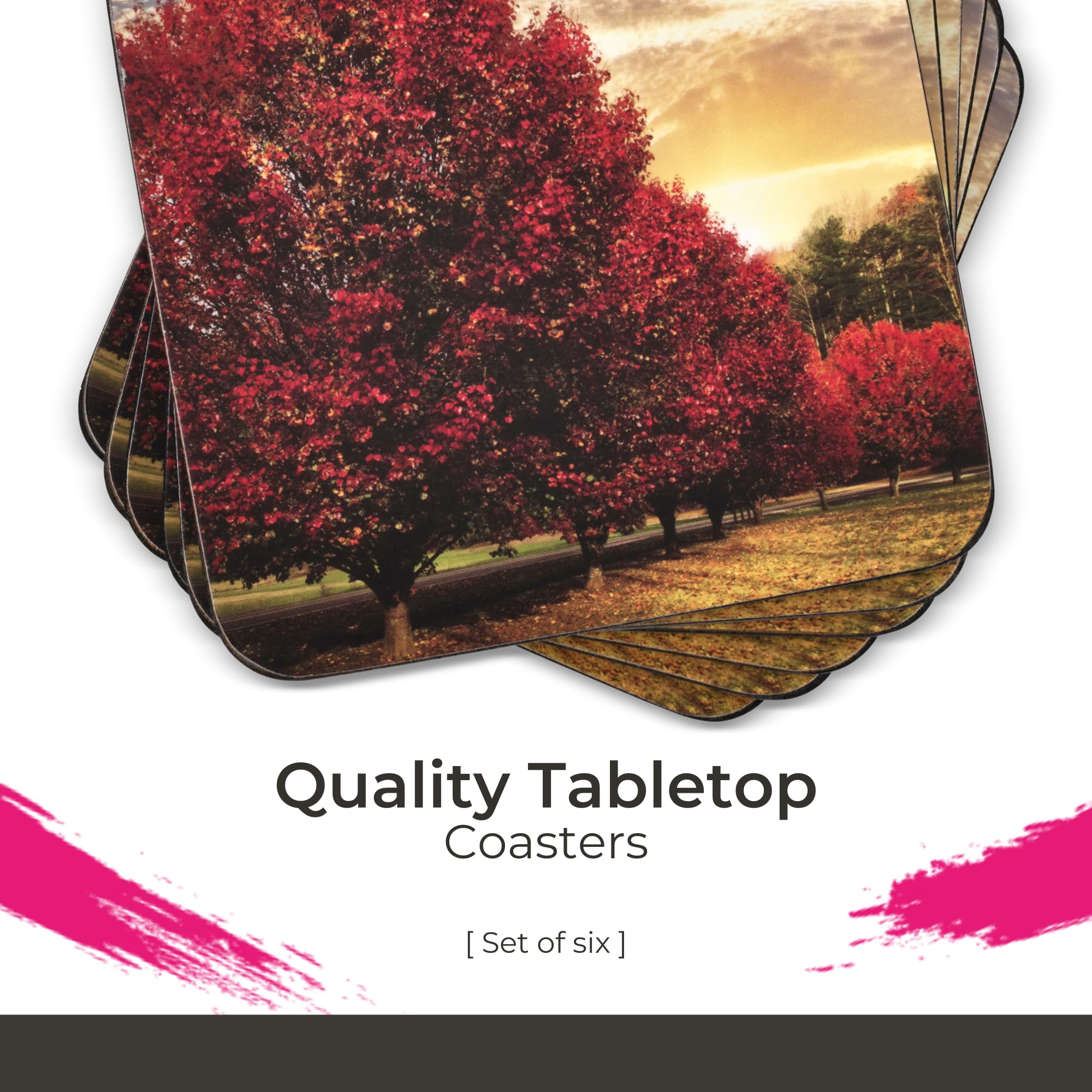 Pimpernel Crimson Trees Collection Coasters  Set of 6  Cork Backed Board  Heat and Stain Resistant  Drinks Coaster for Tabletop Protection  Measures 4 x 4