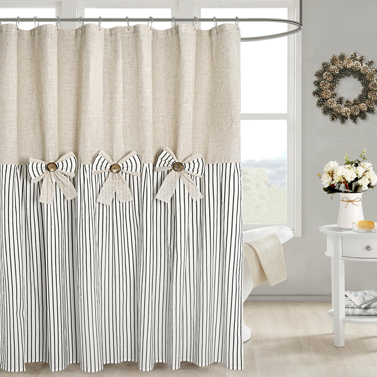 Dosly Ides Farmhouse Navy Shower Curtain,Bowknot,Cotton Woven And Cotton Blend Fabric,Pleated Navy Stripe,Country Style,72X78 In