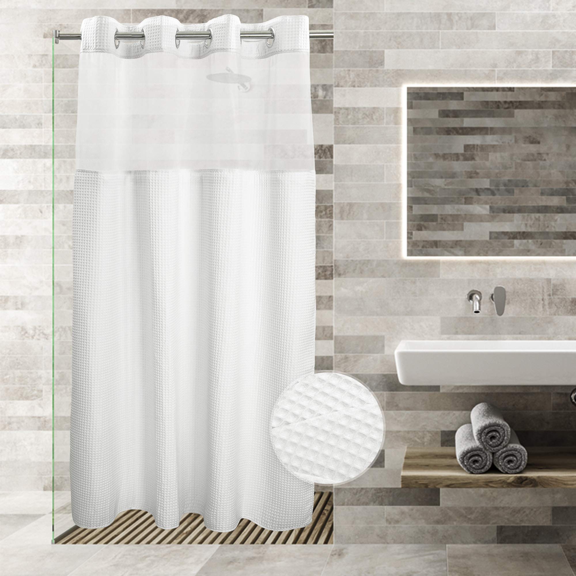 River Dream White Fabric Shower Curtain Set, Cotton Blend, Waffle Weave, With Snap In Replacement Liner,54 X 80 Inches