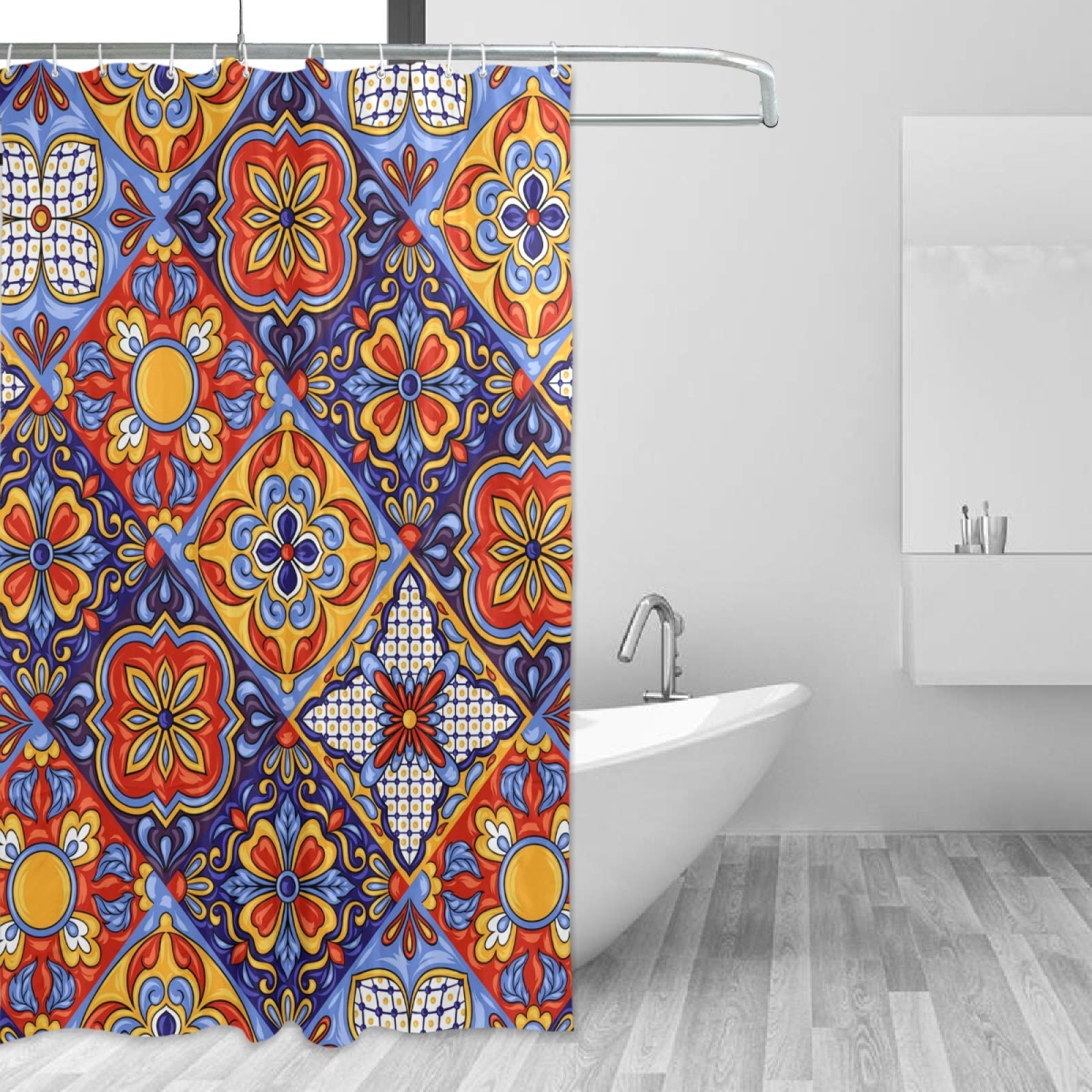 Wellday Shower Curtain Mexican Talavera Ceramic Tile Pattern Bathroom Decor Waterproof Fabric With Hooks 60X72 Inch