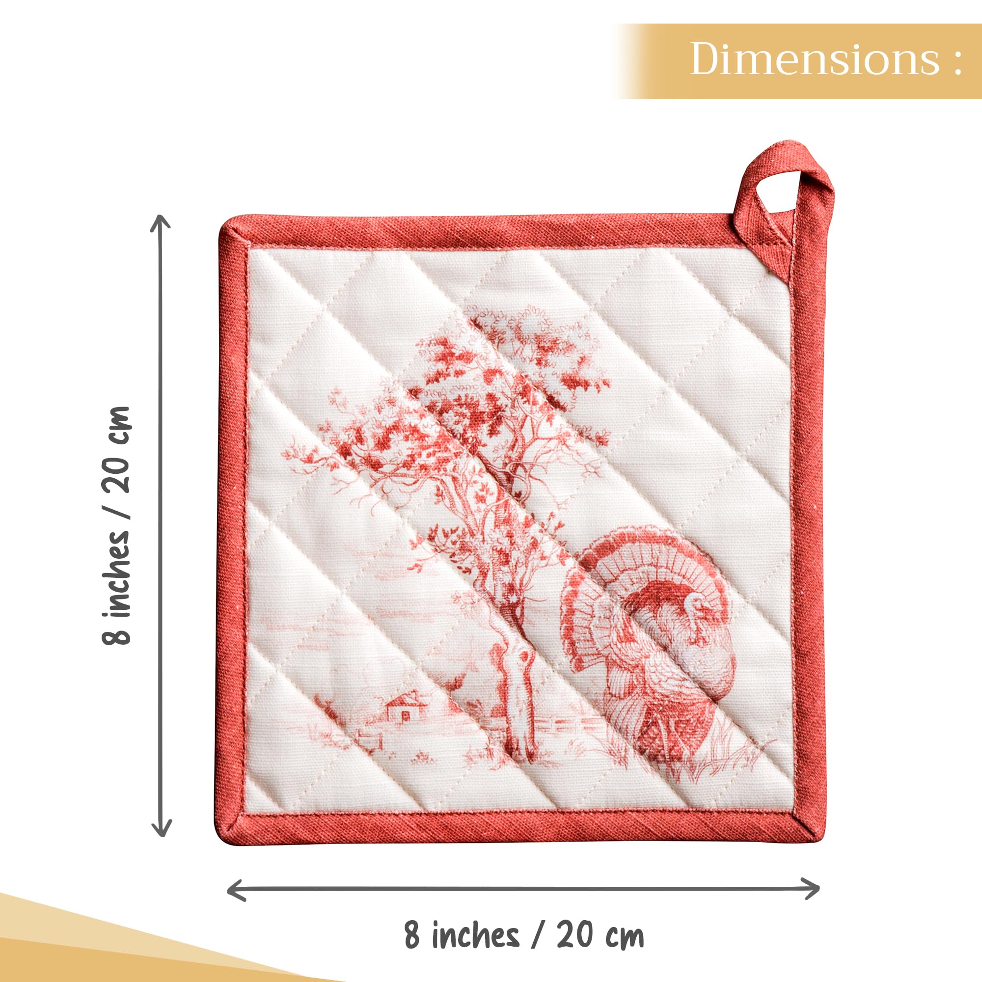 Maison d' Hermine Hot Pads 100% Cotton Pot Holders with Loop Heat Resistant Potholders for Gifts  Grilling  Barbeque  Handling Hot Pans  Holy Jouy - Red - Thanksgiving/Christmas (8''x8'')