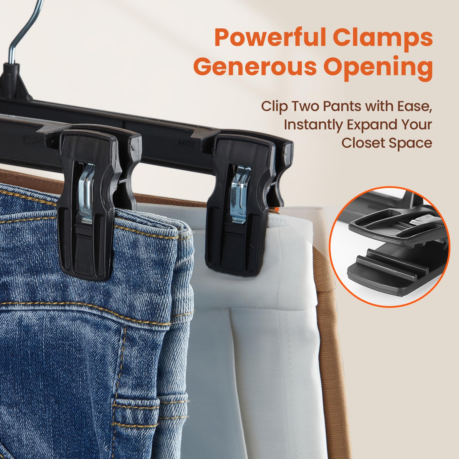 HOUSE DAY Black Pants Hangers 50 Pack  10 Inch Skirt Hangers with Non-Slip Big Clips and 360? Swivel Hook  Heavy Duty Slim Plastic Pants Hangers  Space Saving Clip Hangers for Pants  Skirts  Shorts