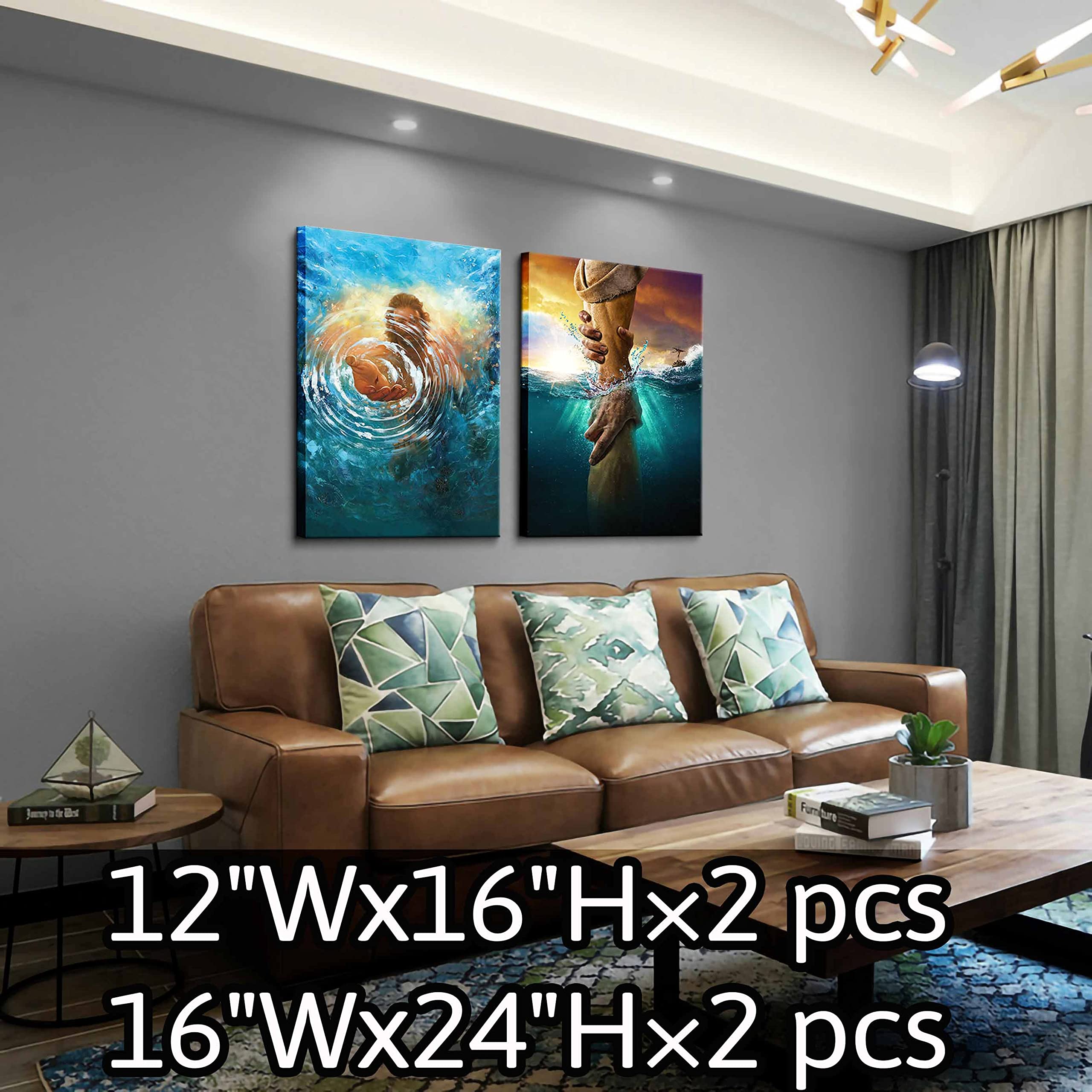 2 Pcs Framed Jesus Wall Art The Hand Of God Jesus Reaching Into Water Christ Religion Canvas Wall Decor Blue Ocean Bible Picture