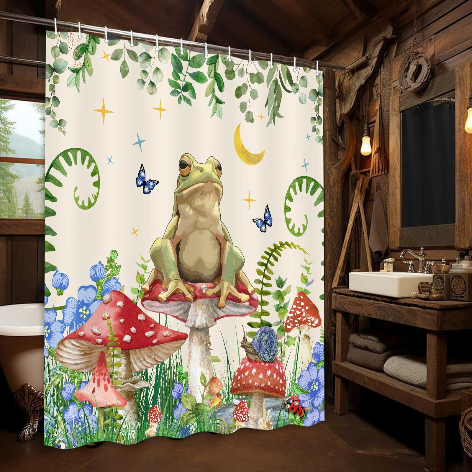 Jawo Mushroom Shower Curtain, Boho Moon Stars Aesthetic Floral Shower Curtains, Funny Frog Cottagecore Decor Kids Children Bathr