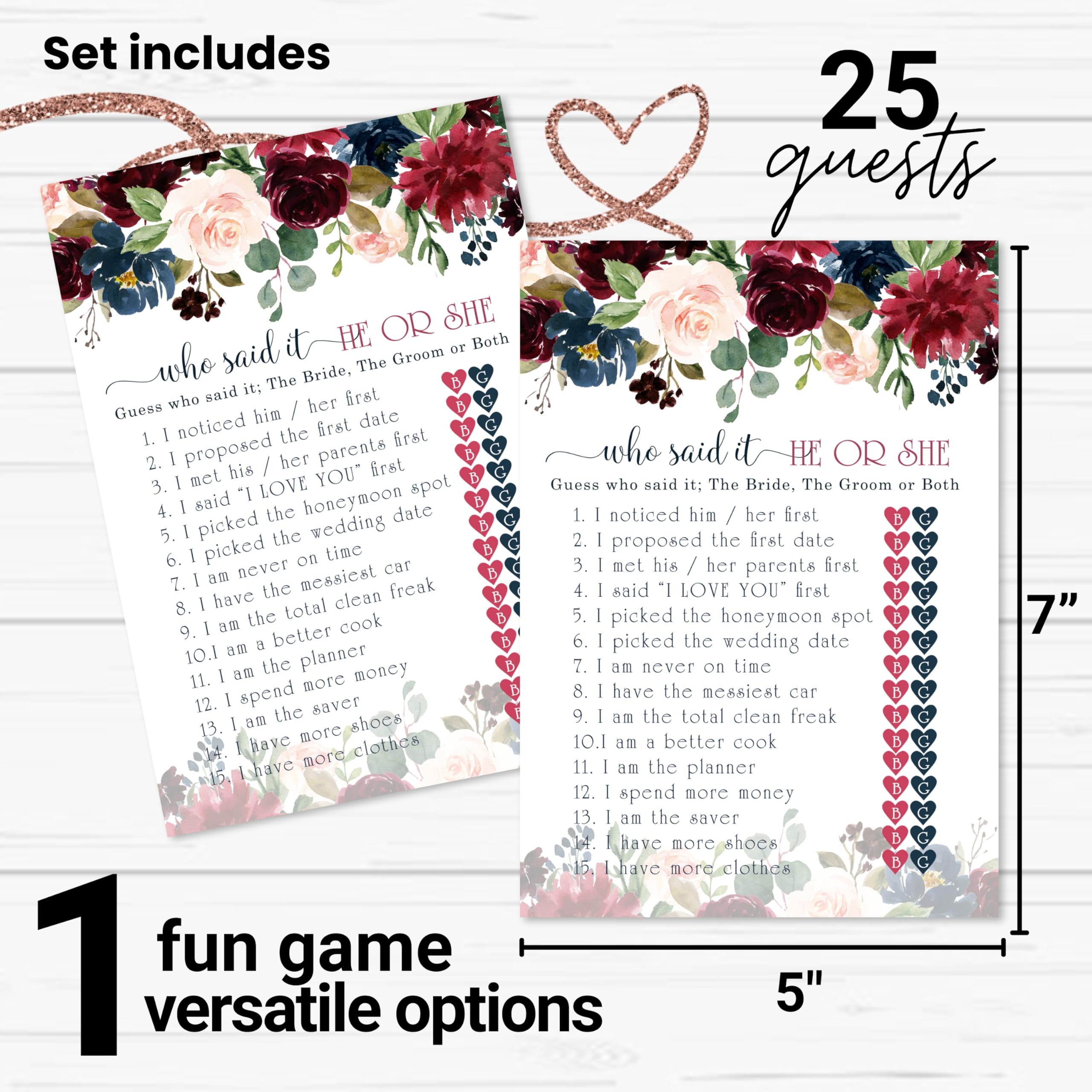 Blue Floral Bridal Shower Games - 25 Cards - He Said She Said - What Did The Bride And Groom Say Guess Who Wedding Activities -