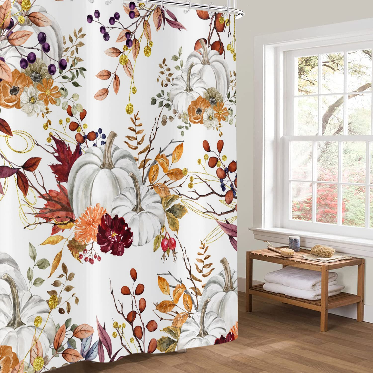 Gcirec Autumn Pumpkin Shower Curtain, Fall Thanksgiving Harvest Watercolor Floral Pumpkin Boho Bathroom Curtain Home Bathtub Dec