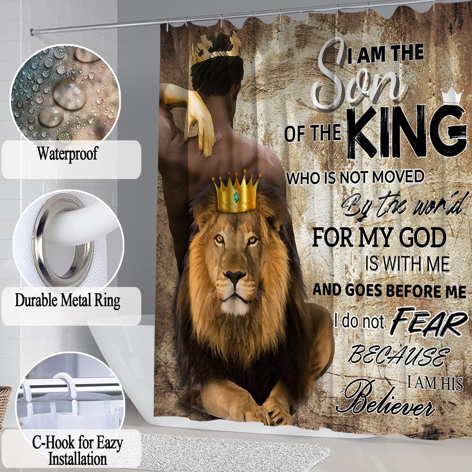 4 Pcs Lion King Shower Curtain Set, Inspirational Quote Black Man Bathroom Shower Curtains And Rugs Toilet Lid Cover Bath Mat, V