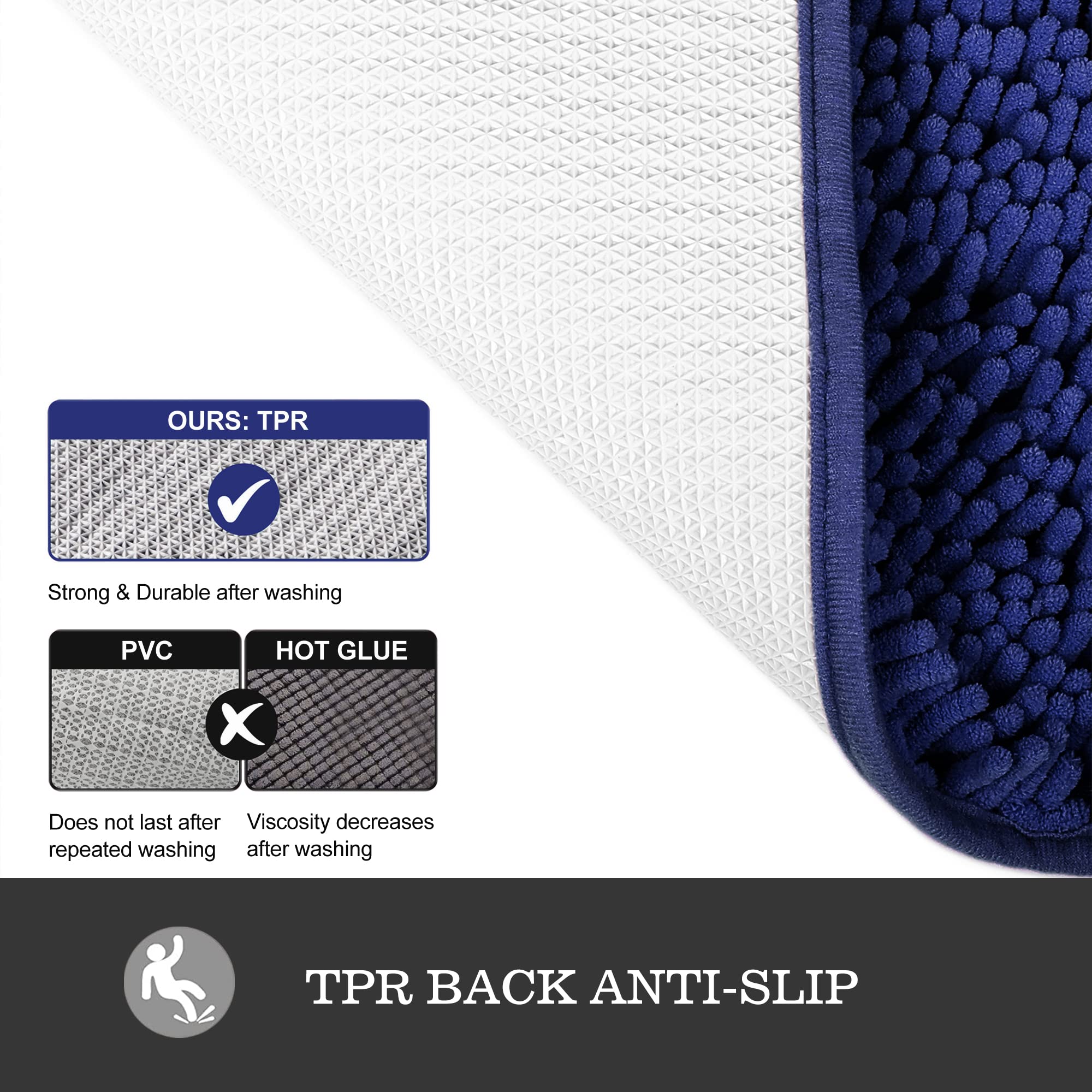 Yeaban Royal Blue 47 X 17 Bathroom Rug - Thick Chenille Bath Mats | Absorbent And Washable Bath Rug Non-Slip, Plush And Soft Rug