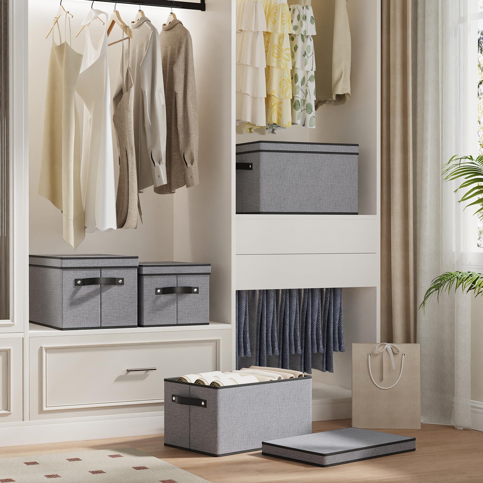 YheenLf Fabric Storage boxes  16.5 * 11.8 * 10.2inch Storage Baskets for Shelves with Lids  Fabric Storage Bins with Handles  Decorative Linen Closet Organizers Boxes  Large  Gray  5-Pack