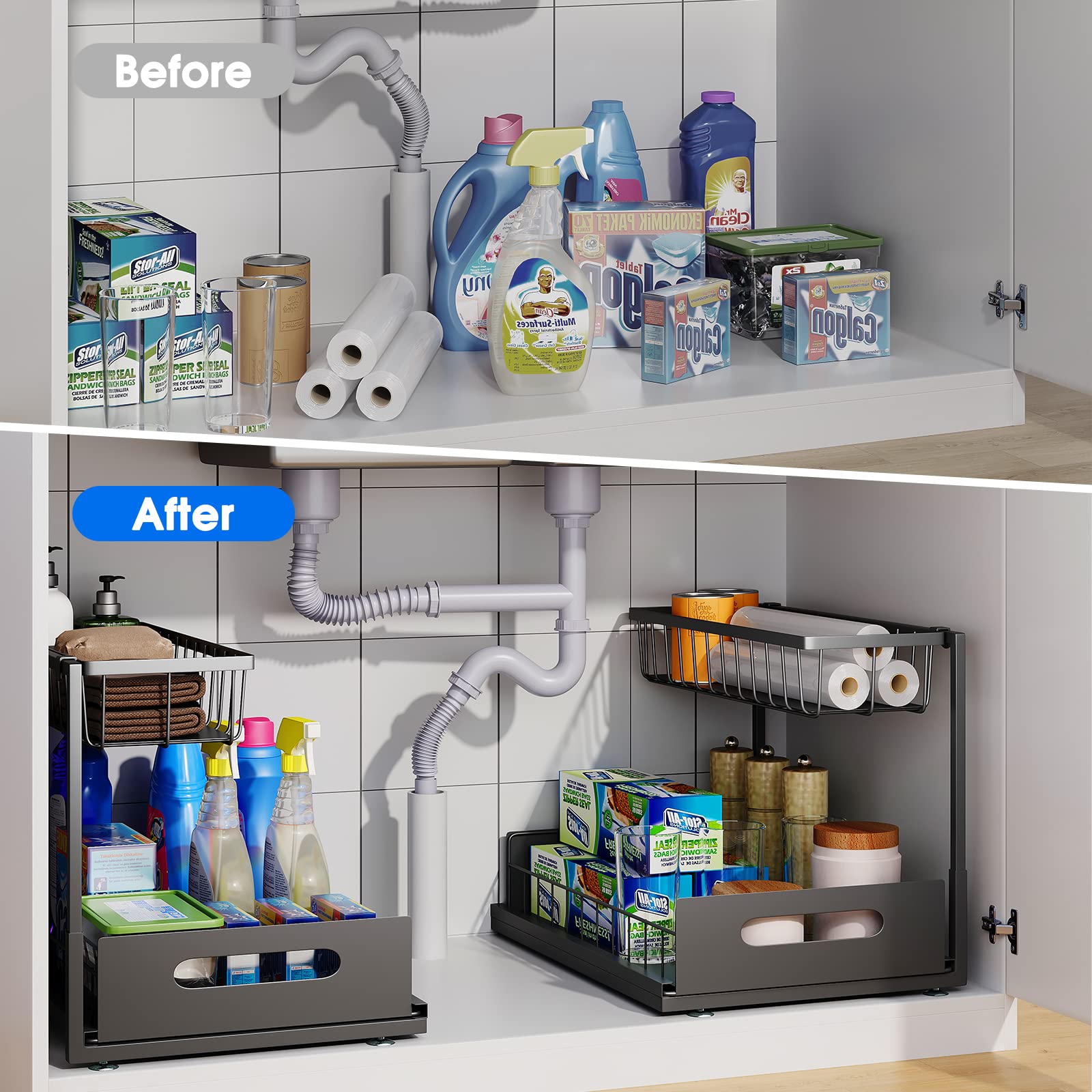 Uinofle Under Sink Organizers And Storage, 2 Tier Sliding Cabinet Basket Organizer Drawer Pull Out Cabinet Organizer Multi-Purpo