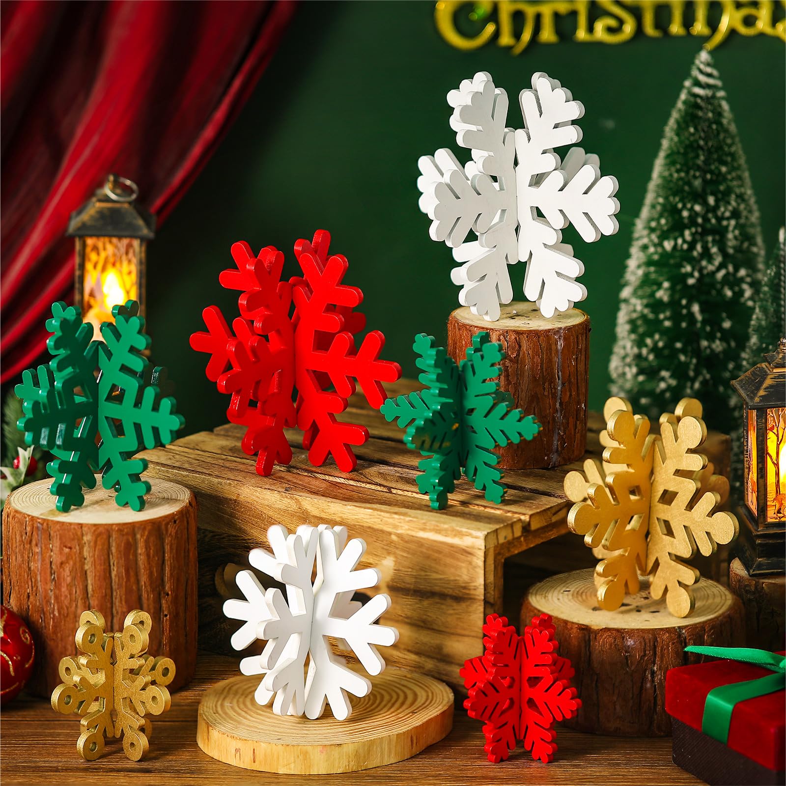 Wenqik 16 Pcs Winter Wooden Snowflake Decor Christmas Winter Snowflake Tabletop Decorations 3D Snow Table Signs Standing Centerp
