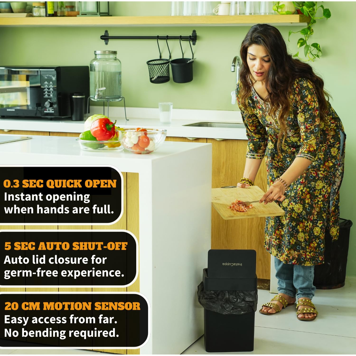 Instacuppa Automatic Touchless Motion Sensor Dustbin  Quick Open, Soft Close Lid, Ipx5 Waterproof, Sleek Design For Kitchens, Ba