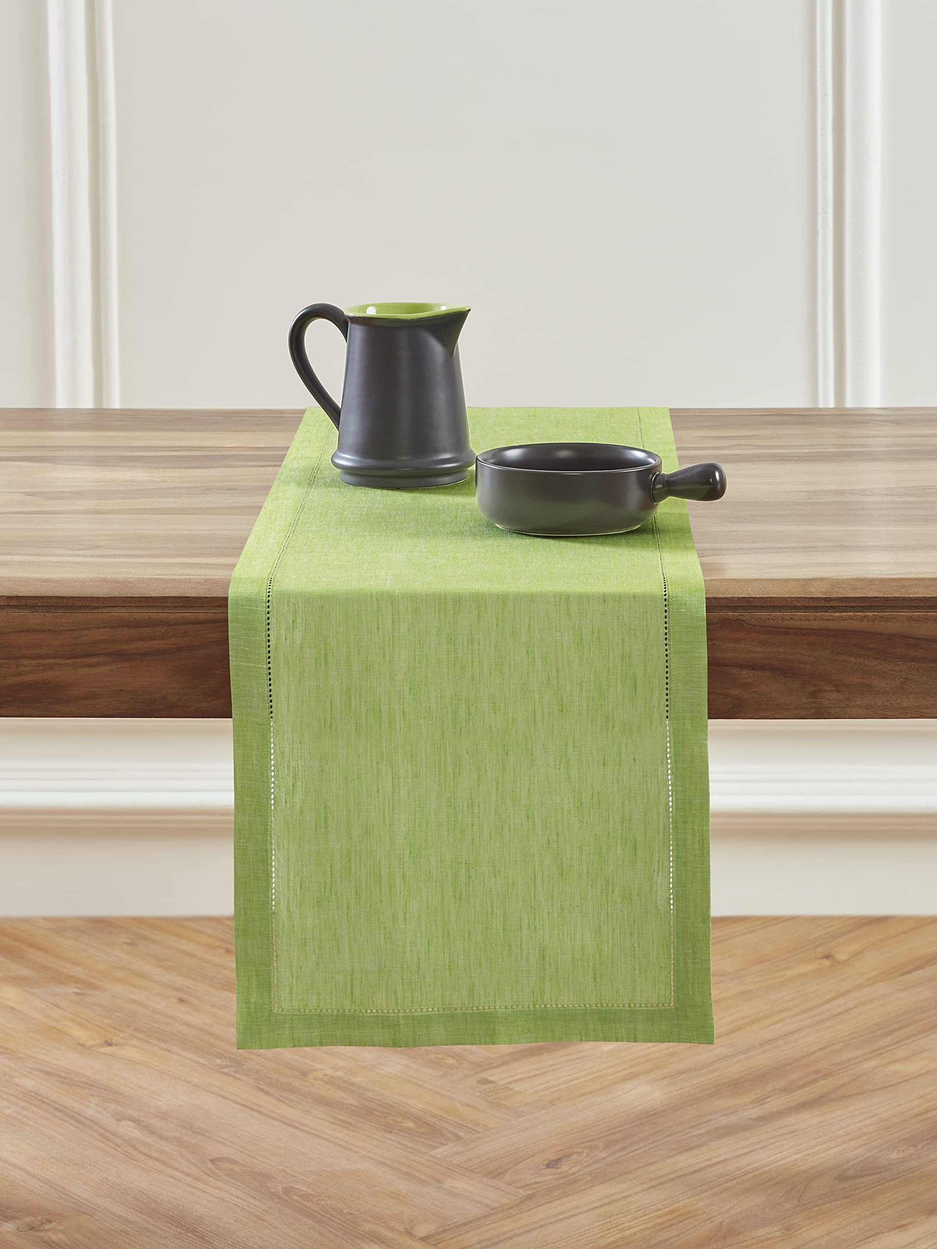 Solino Home Linen Hemstitch Table Runner - 14 x 72 Inch Chambray Lime Green - 100% Pure Linen Table Runner for Spring  Summer  Dining  Wedding - Milan  Handcrafted and Machine Washable