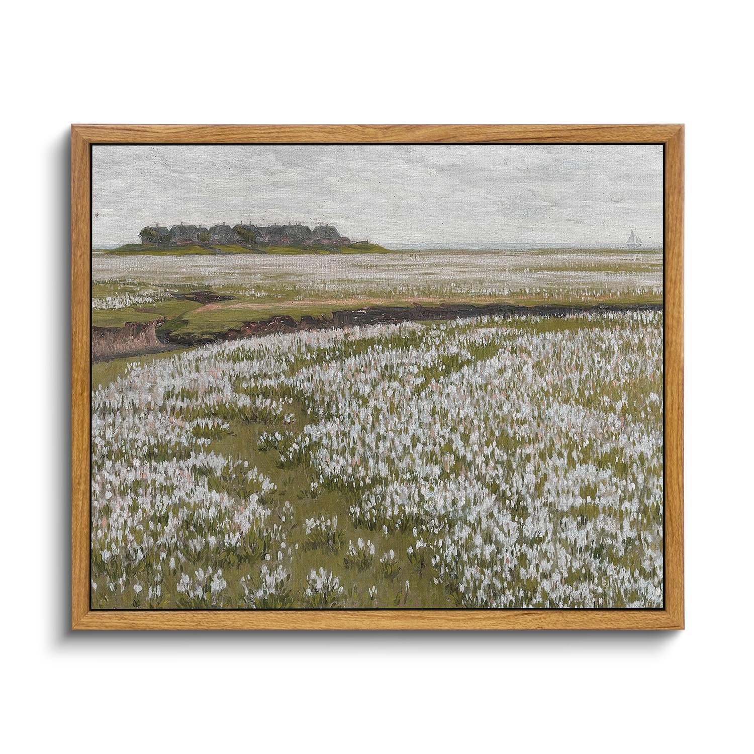 Insimsea Framed Canvas Wall Art Vintage Decor, Landscape Wall Art, Boundless Grassland Full Of White Flowers Canvas Painting Wal