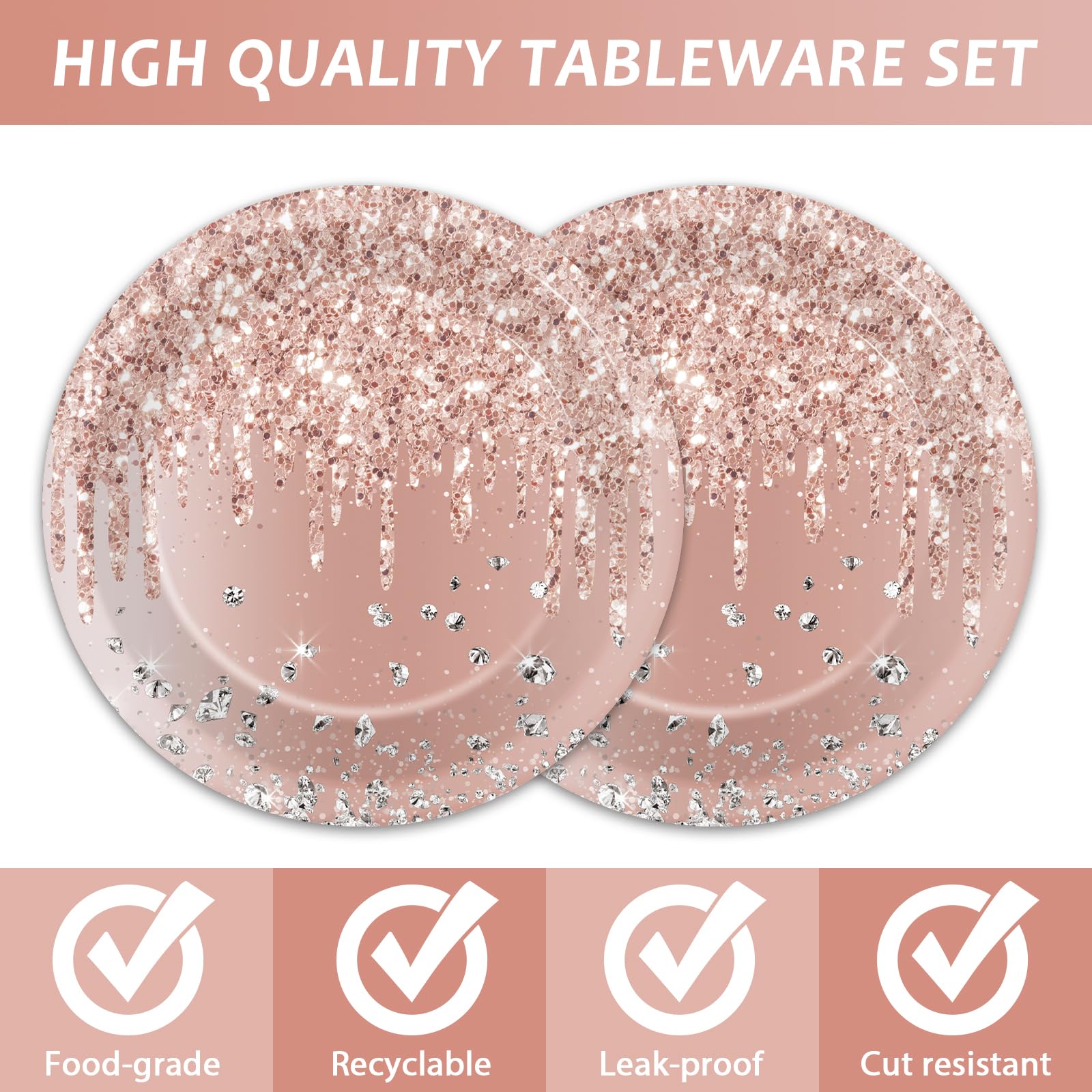 Zoiiwa 48 Pcs Rose Gold Birthday Plates Pink Rose Gold Paper Dinner Dessert Plates For Girls Women Diamond Theme Party Pink Rose