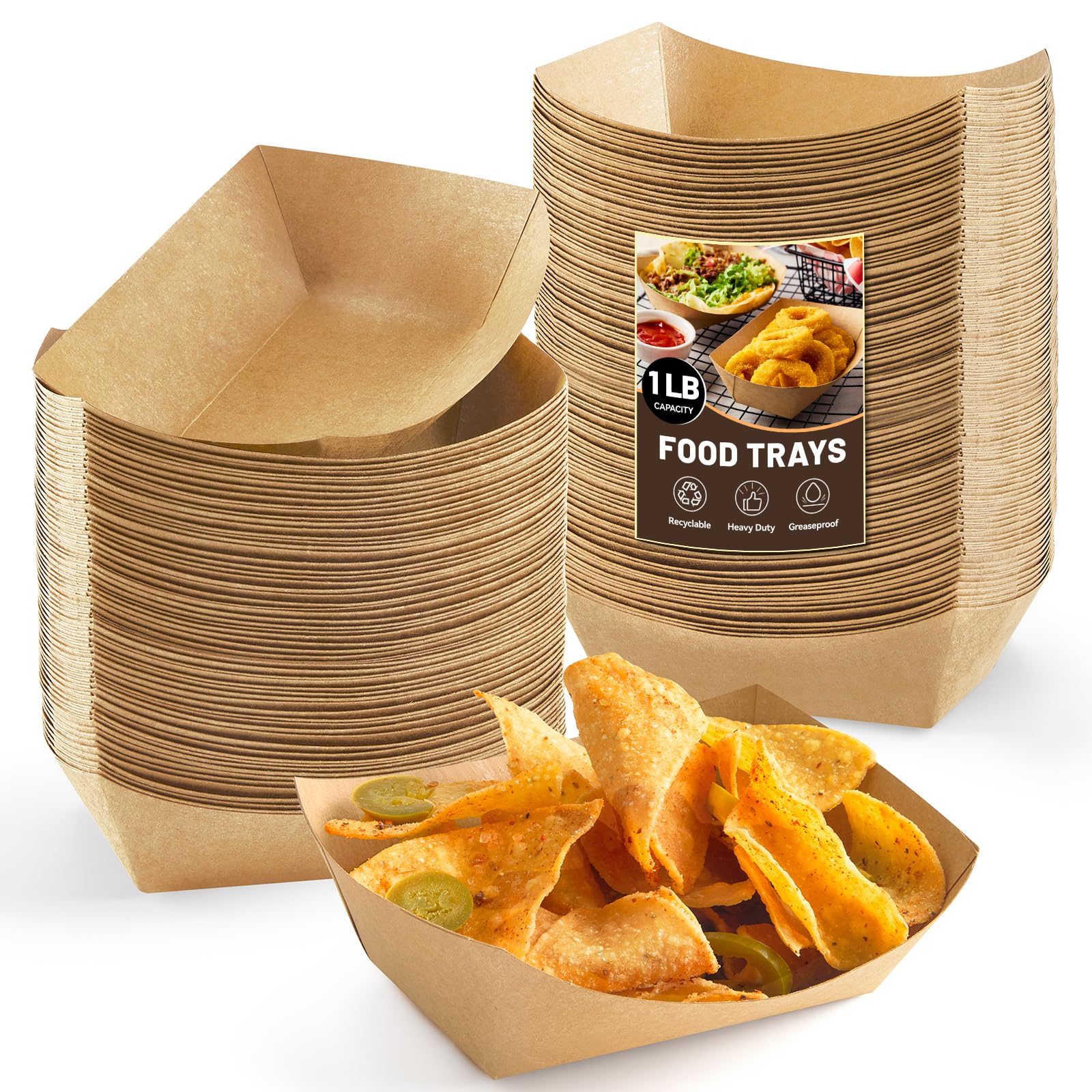ZORRITA 1 Lb Small Paper Food Trays - 100 Pack Disposable Food Boats, Kraft Food Holders Brown Take Out Serving Baskets for Part