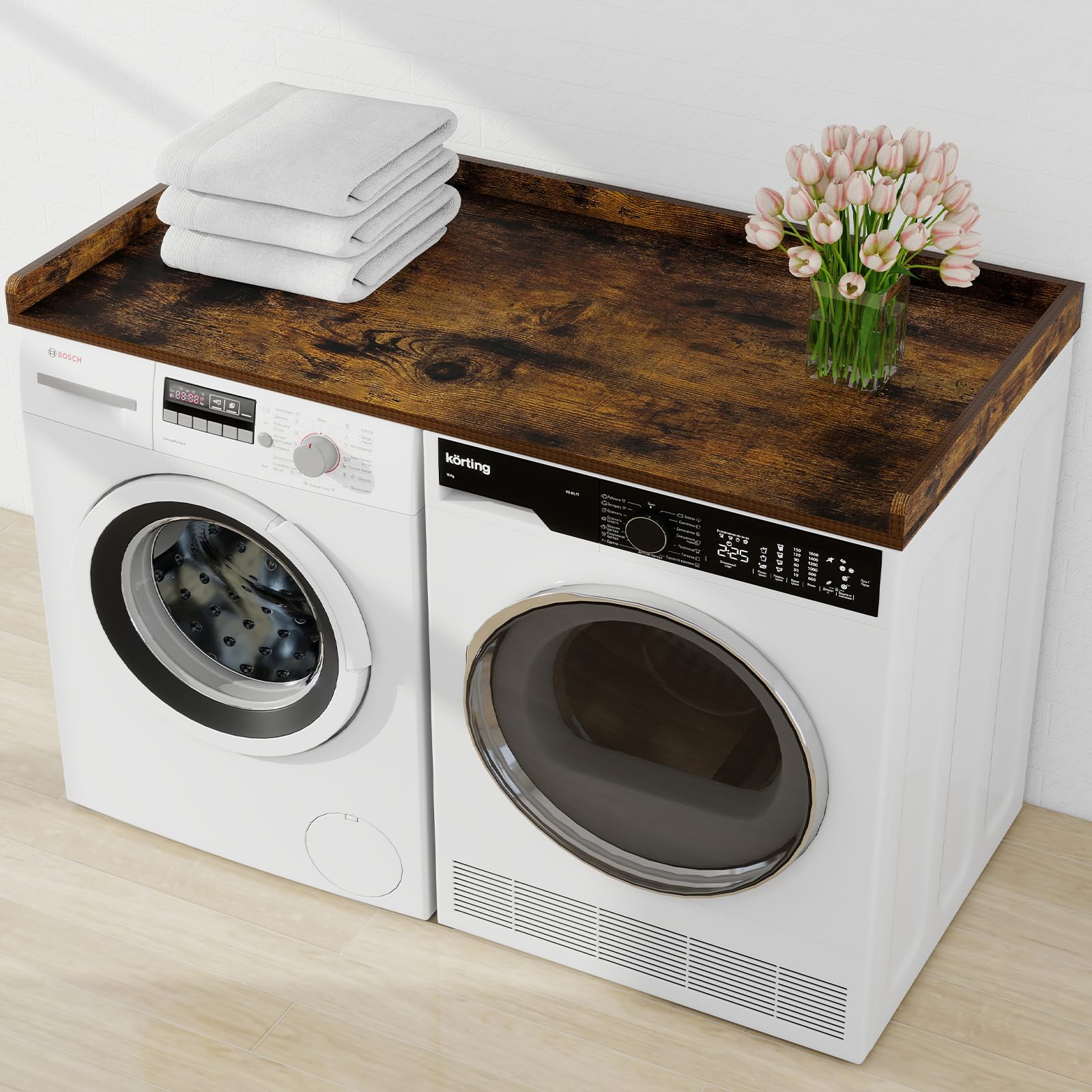 Dooloric Washer Dryer Countertop, Laundry Wood Shelf Topper With Edge, 27.6'' Depth X 54'' Width Cover Guard Organizer For Washe