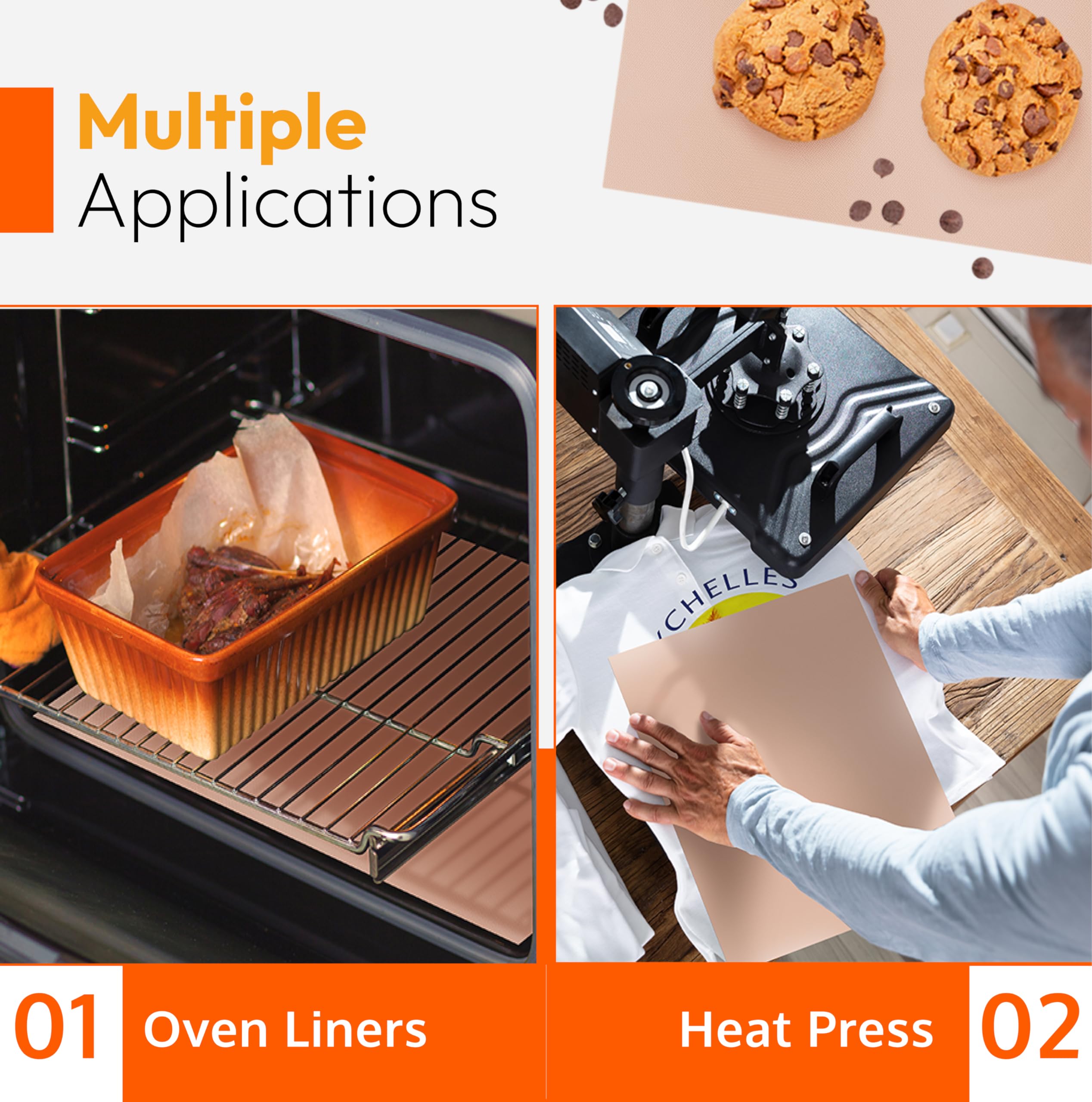 Teflon Sheets For Heat Press And Baking - Reusable Ptfe Oven Liners, Premium Teflon Sheet For Baking - Heat Resistant Teflon She