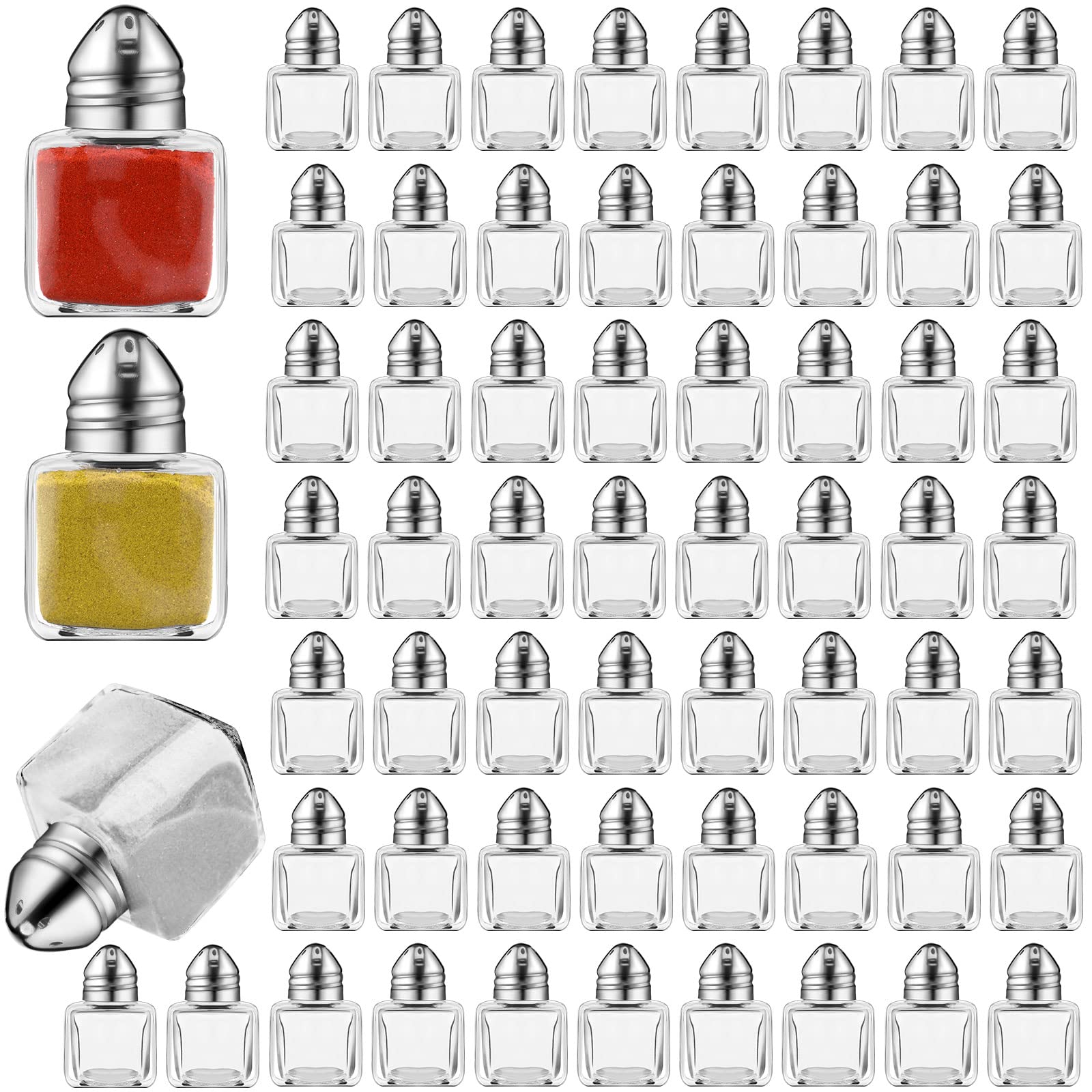 Mimorou 100 Pack Mini Salt and Pepper Shakers Bulk 0.5 Oz, Small Cube Glass Spice Shaker Mini Shaker Container with Stainless St