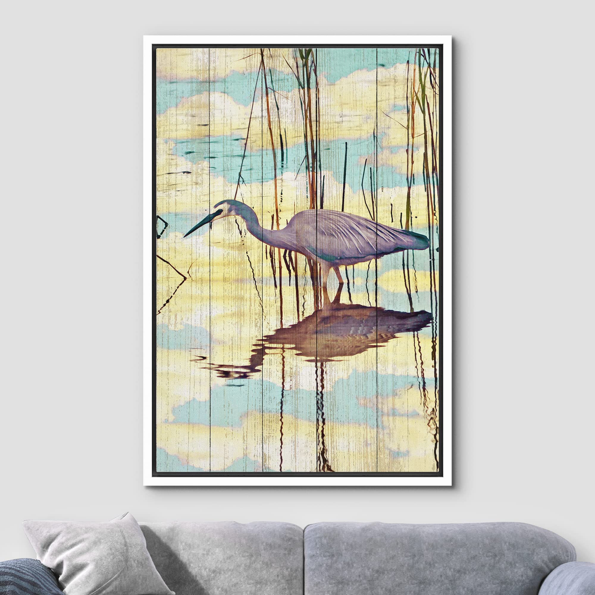 Wall26 Framed Canvas Print Wall Art Pastel Blue Cloud Sky Crane Bird Swamp Nature Wilderness Illustrations Modern Art Decorative