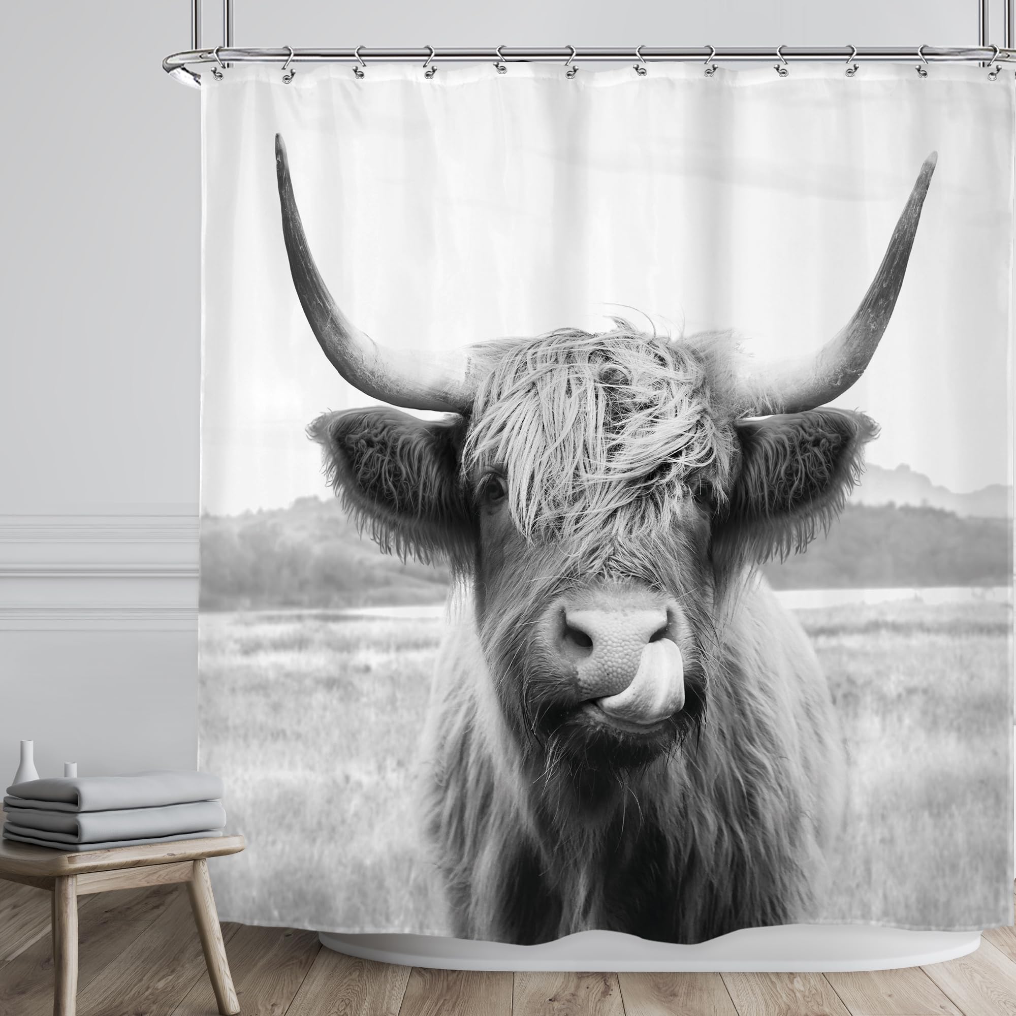 Riyidecor Farmhouse Highland Cow Shower Curtain Western Bull Wildlife Portrait Animal Funny Country 72Wx72H Inch 12 Pack Plastic