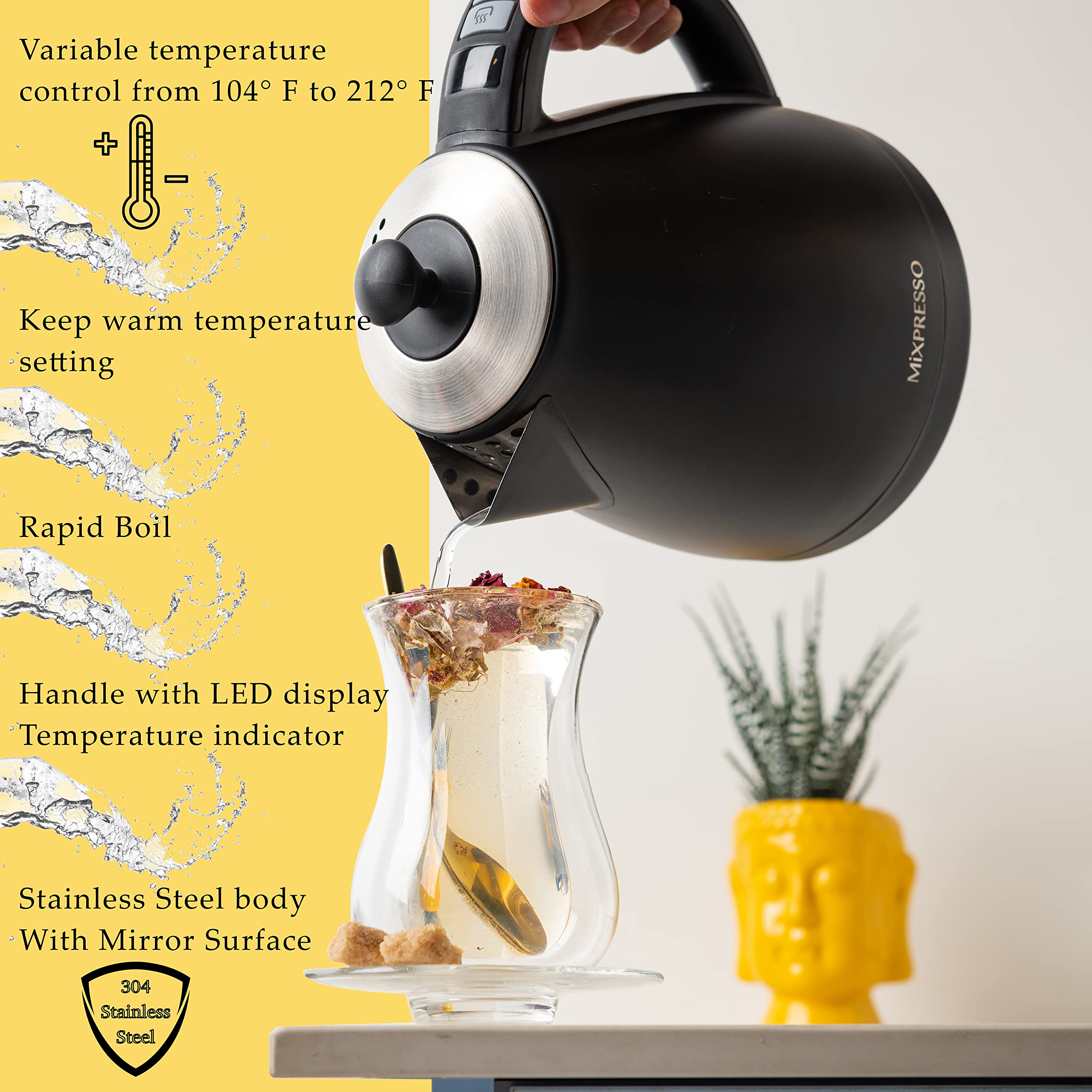 Mixpresso Electric Kettle Temperature Control, Hot Water Kettle Electric, Cordless 1 Liter Capacity, Keep Warm & Led Indicator,
