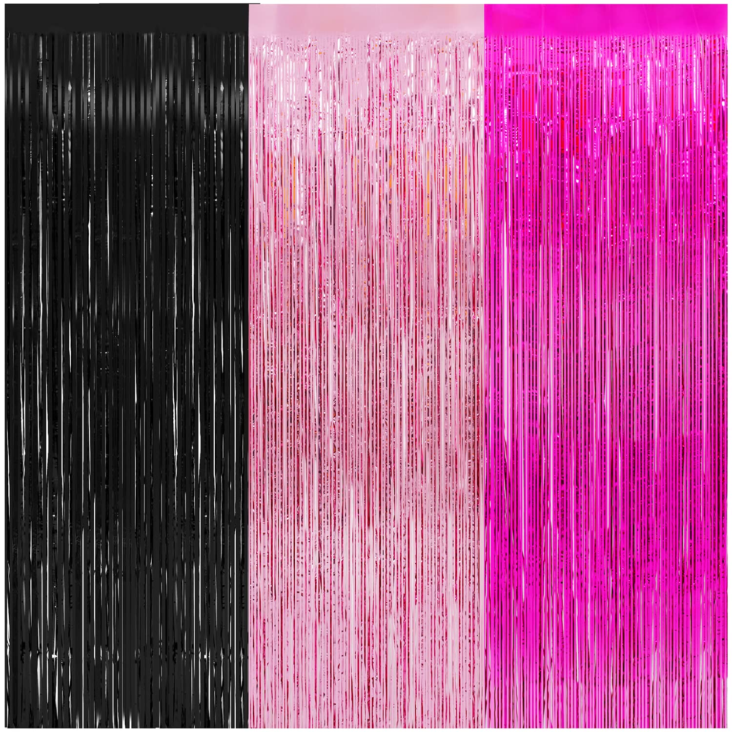 Wiqedoha 3 Pack Foil Curtains-8X9.84 Ft Rose Red Pink And Black Fringe Metallic Backdrop Curtain For Mouse Themed Baby Shower Bi
