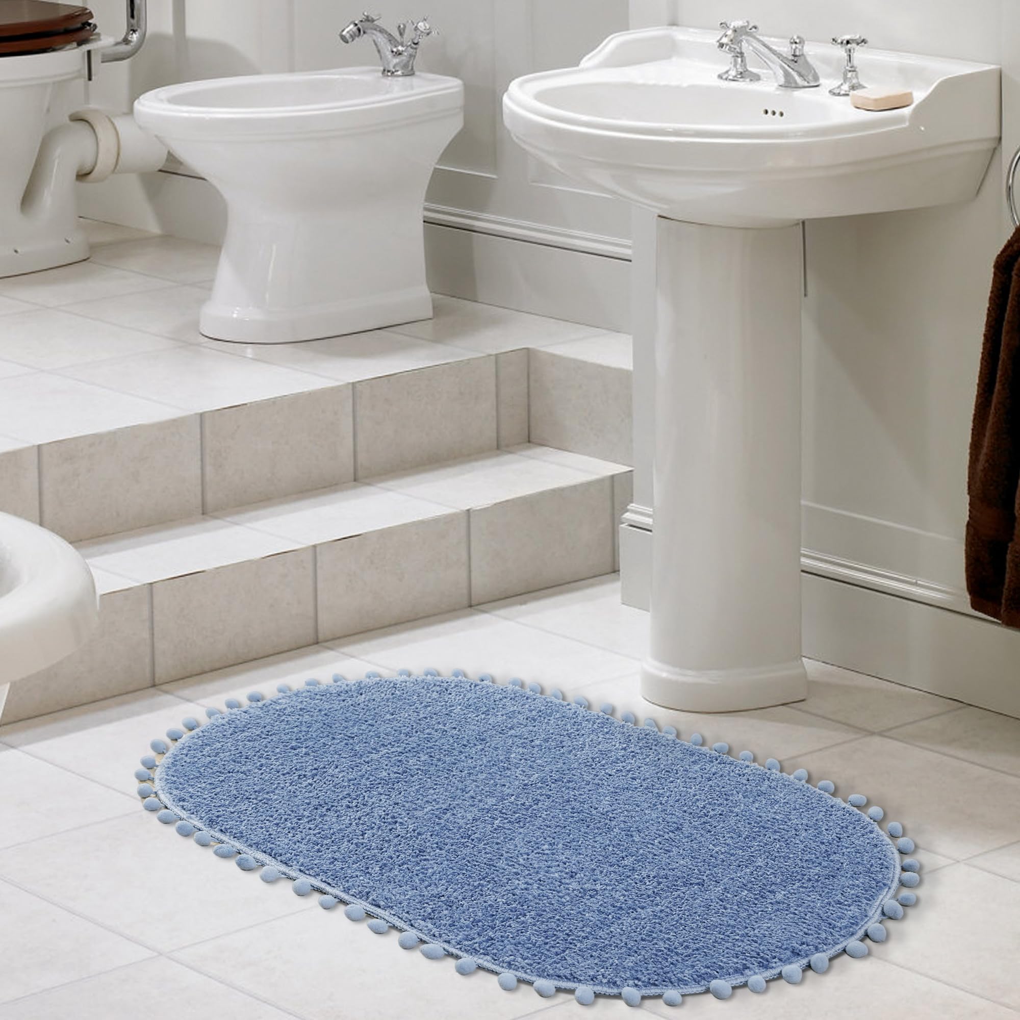 Yirddeo Blue Pom Bath Rug For Bathroom Non Slip, Cute Boho Pom Oval Absorbent Shower Mat, Plush Soft Washable Rug (20X30 Inches)