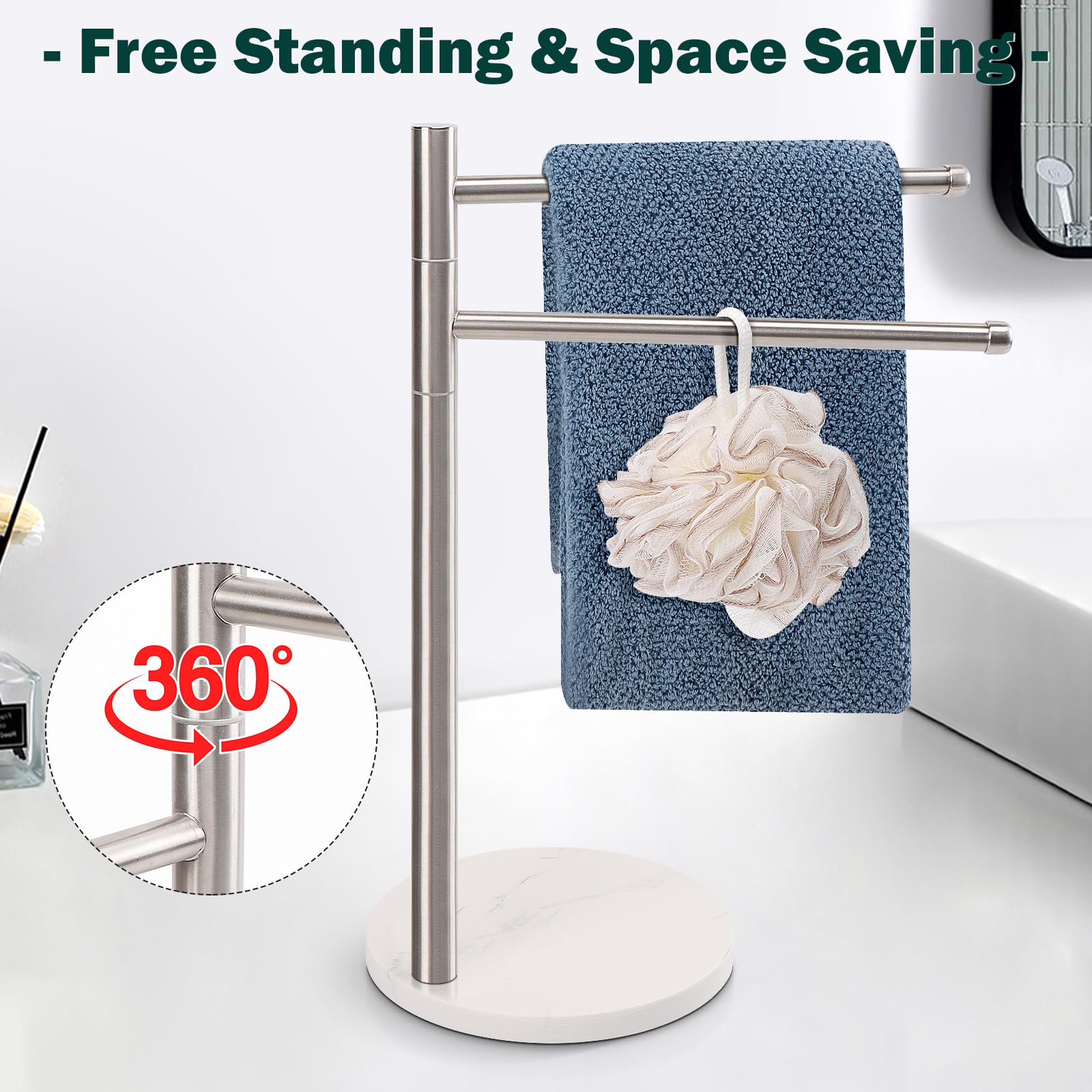 Bathace Hand Towel Holder, F-Shape Hand Towel Stand With Marble Base, Stainless Steel Swivel Stand Hand Towel Rack Free-Standing