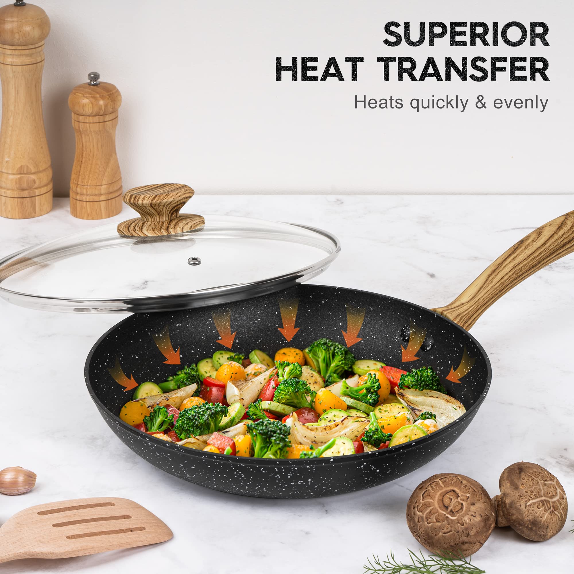 Michelangelo Nonstick Frying Pan With Lid, 10 Inch Frying Pan With Nonstick Honeycomb Coating, Nonstick Fry Pan With Lid, Health