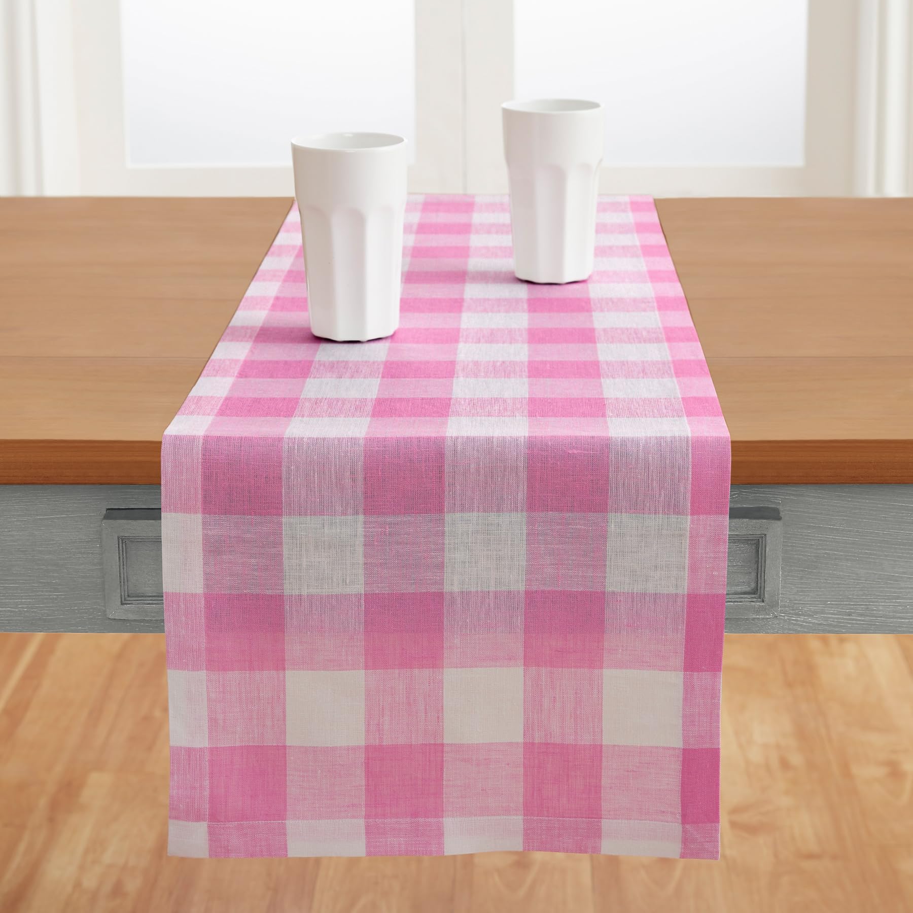 Solino Home Buffalo Check Linen Table Runner 120 Inches Long - 100% Pure Linen Pink Begonia Plaid Table Runner 14 X 120 Inch Ide