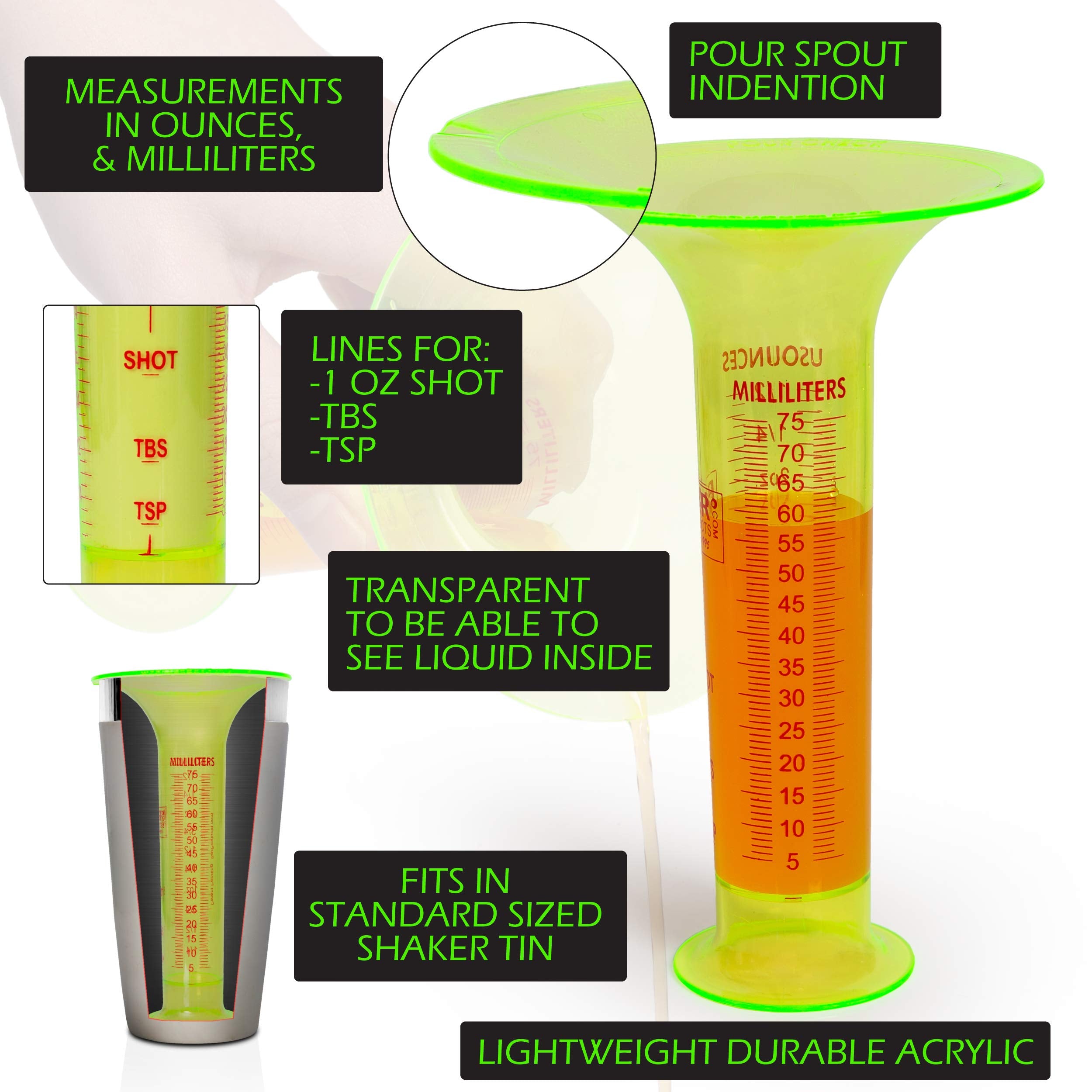 CYPRESS SUNRISE Liquid Measuring Tool - 1 Oz Shot Line, Up to 2.5 Oz, Neon Green, Fits in Shaker Tin, Model 8541911188