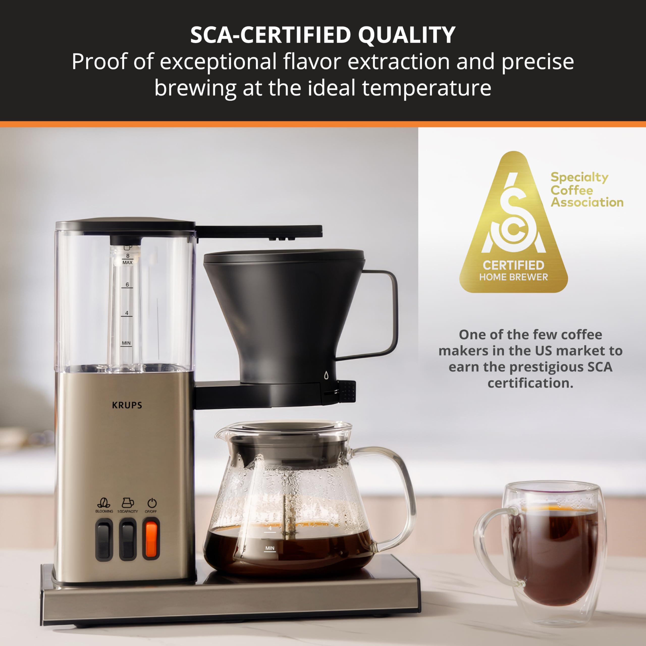 KRUPS Essential Brewer 8 Cup Drip Coffee Maker Machine, SCA-Certified, Blooming Technology, Barista-Quality, Pour Over Coffee Ma
