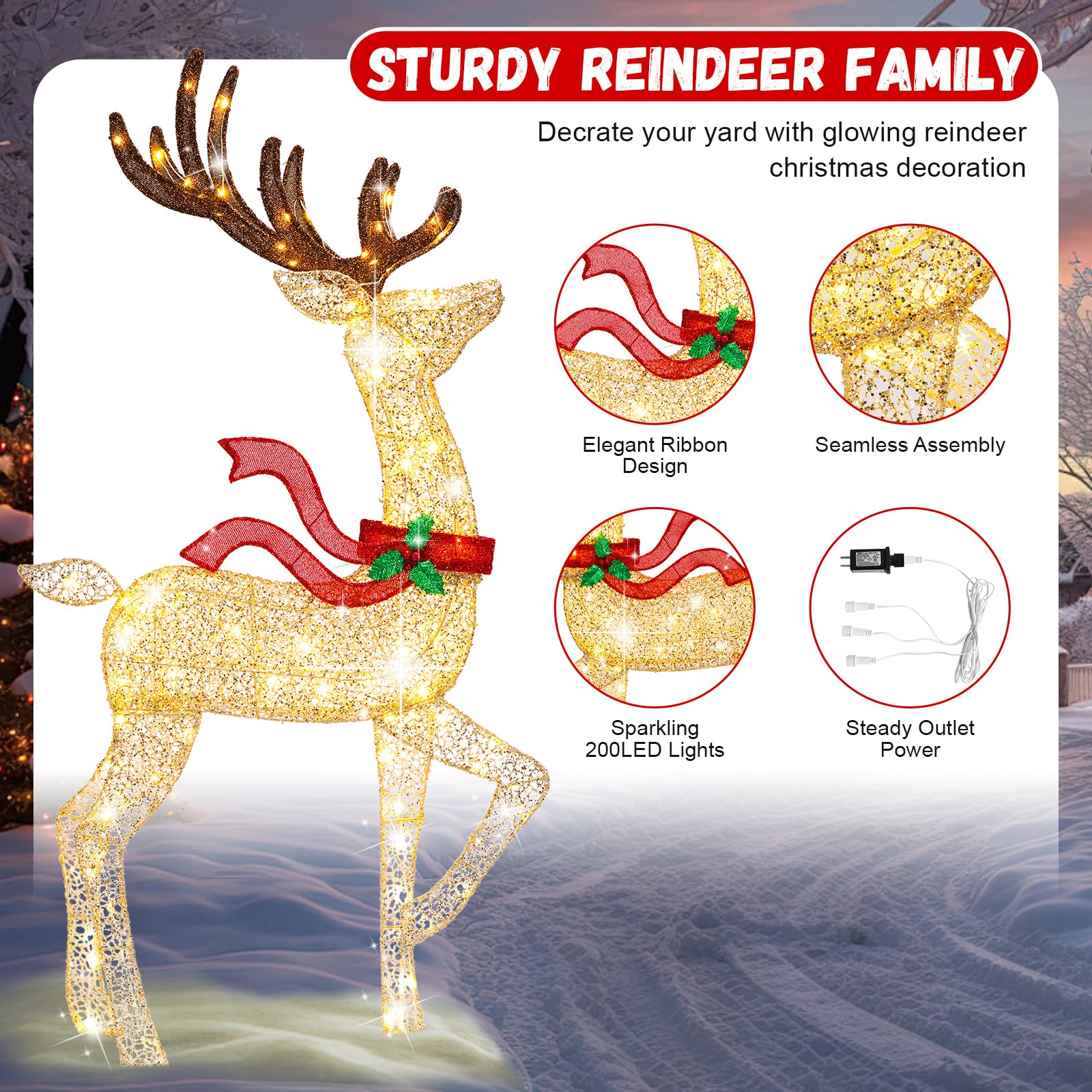 MARACOL 62-Inch Lighted Reindeer Christmas Decoration Set, 3-Piece Family, 200 LED Warm White Lights, Gold Metal for Outdoor Yard Garden Party